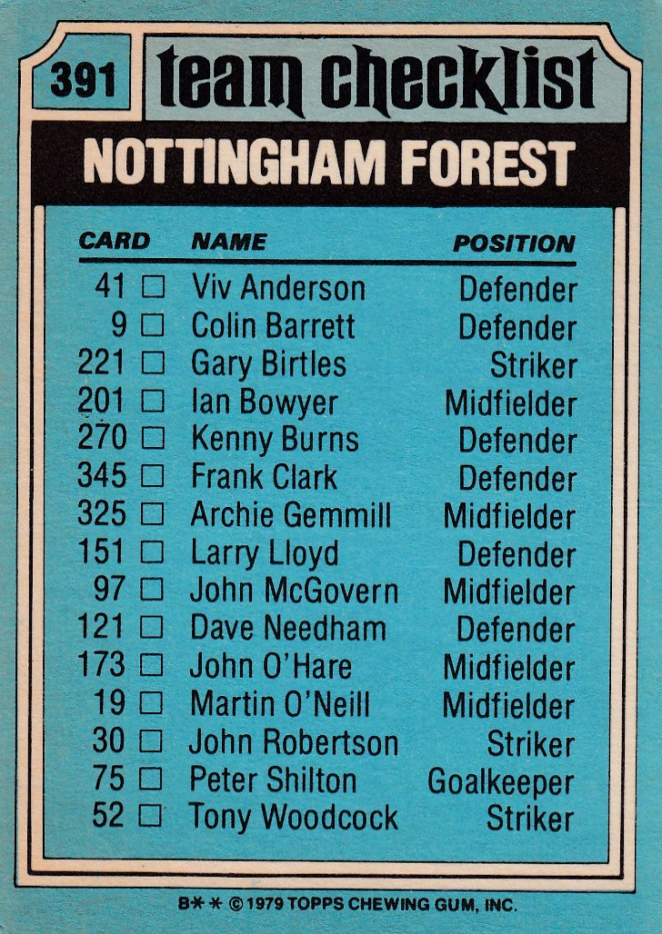 391. NOTTINGHAM FOREST - CHECKLIST - UKRYSSET