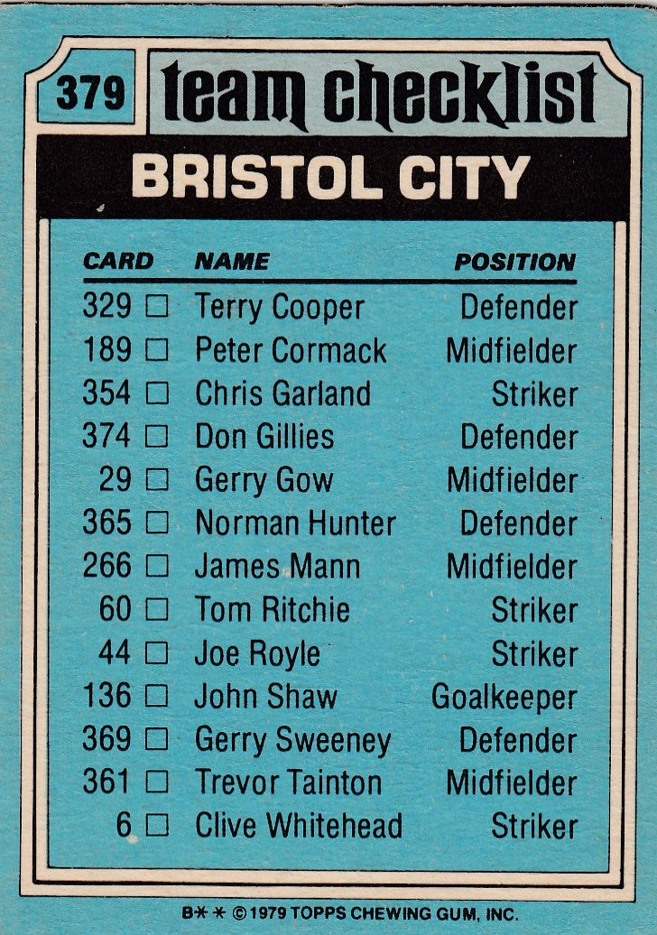 379. BRISTOL CITY - CHECKLIST - UKRYSSET