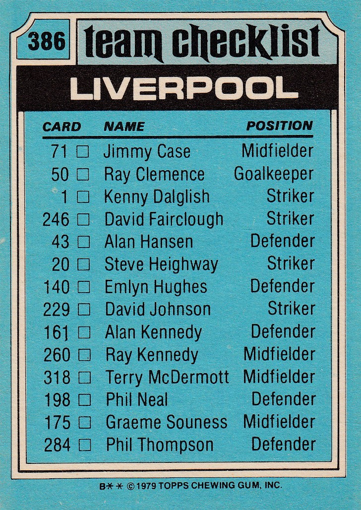 386. LIVERPOOL - CHECKLIST - UKRYSSET