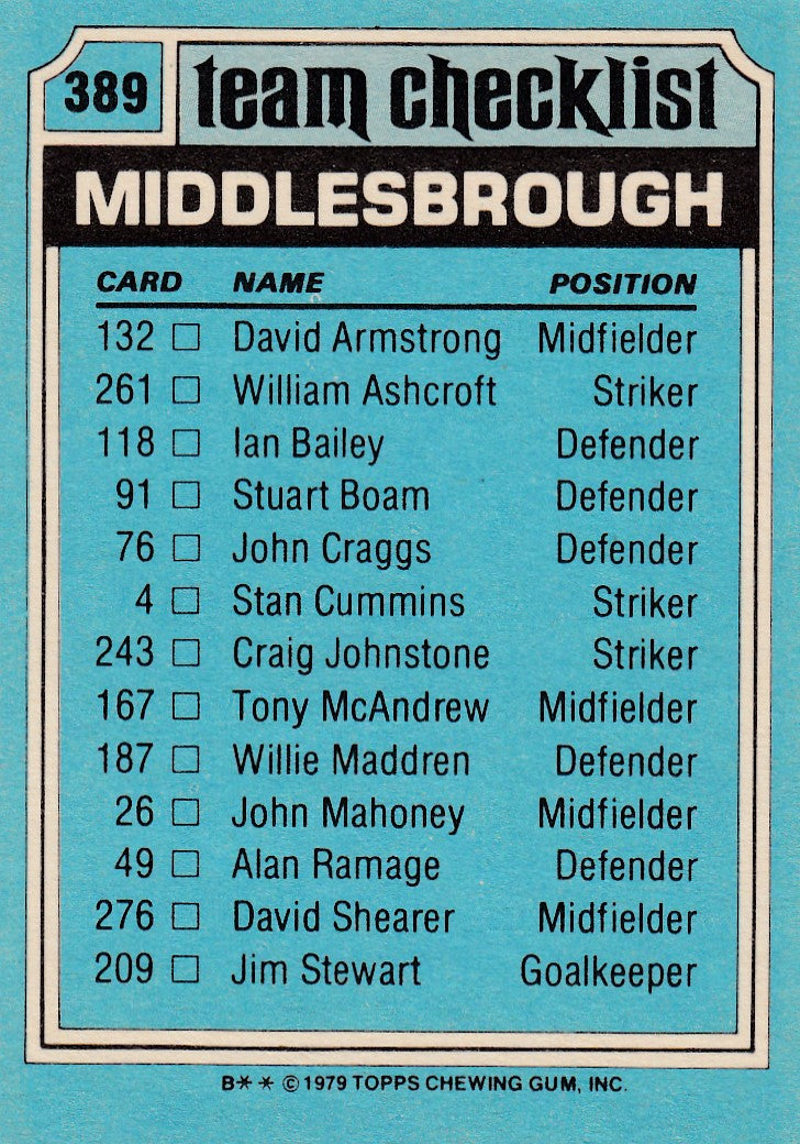 389. MIDDLESBROUGH - CHECKLIST - UKRYSSET