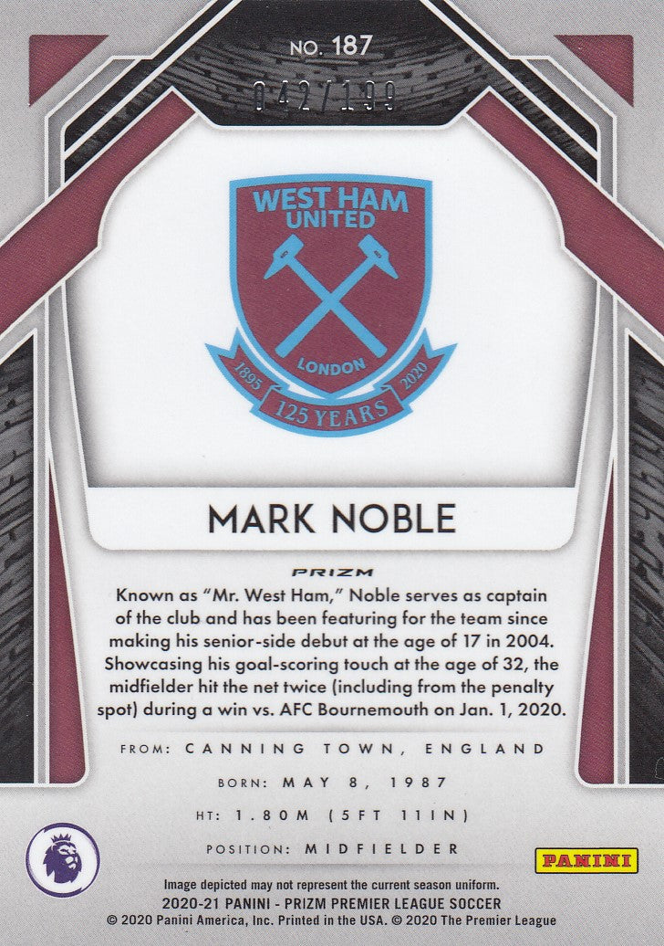 #199. BLUE PRIZM - 187. MARK NOBLE - WEST HAM UNITED - CARD 42 OF 199