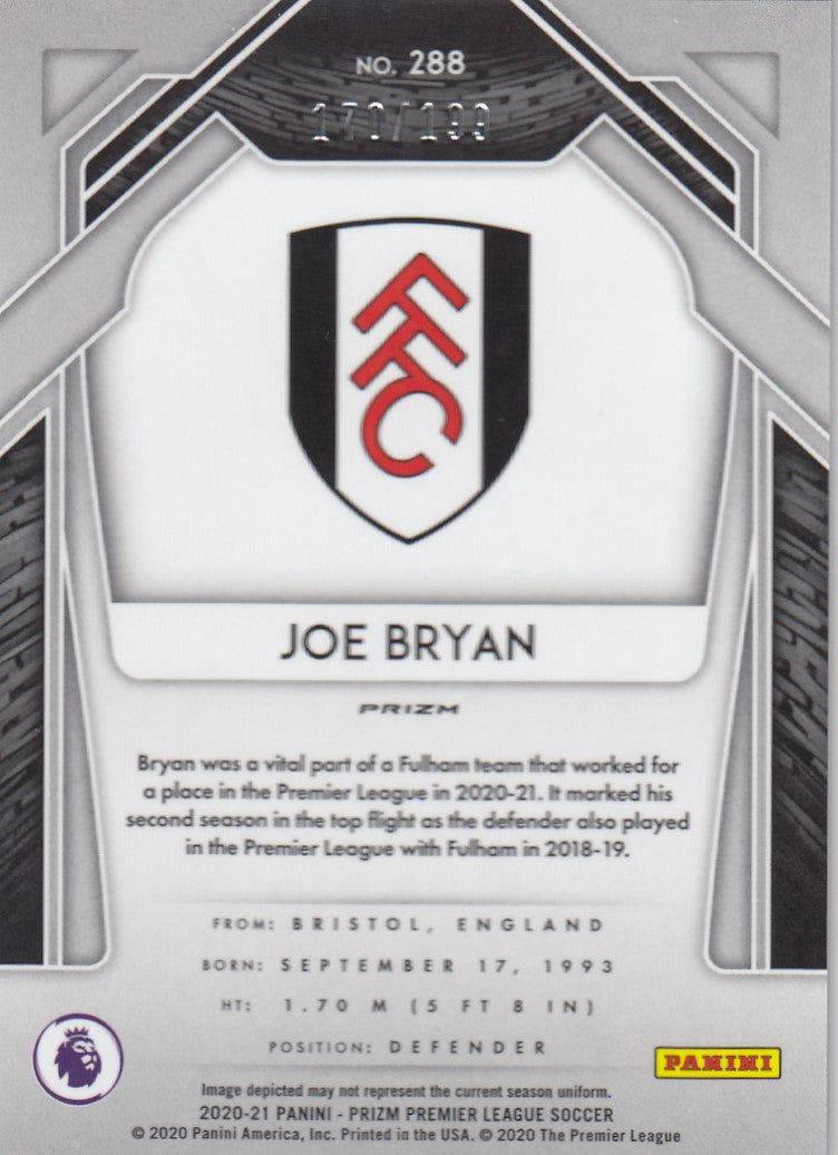 #199. BLUE PRIZM - 288. JOE BRYAN - FULHAM - CARD 170 OF 199 - ROOKIE
