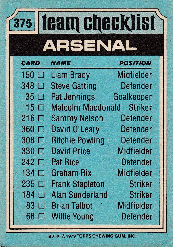 375. ARSENAL - CHECKLIST - UKRYSSET