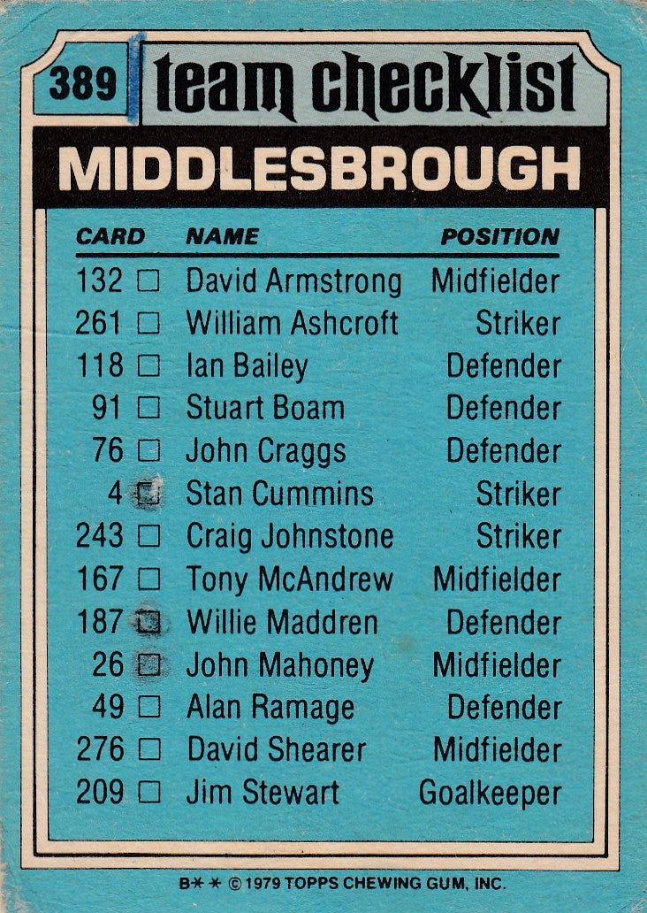 389. MIDDLESBROUGH - CHECKLIST - KRYSSET