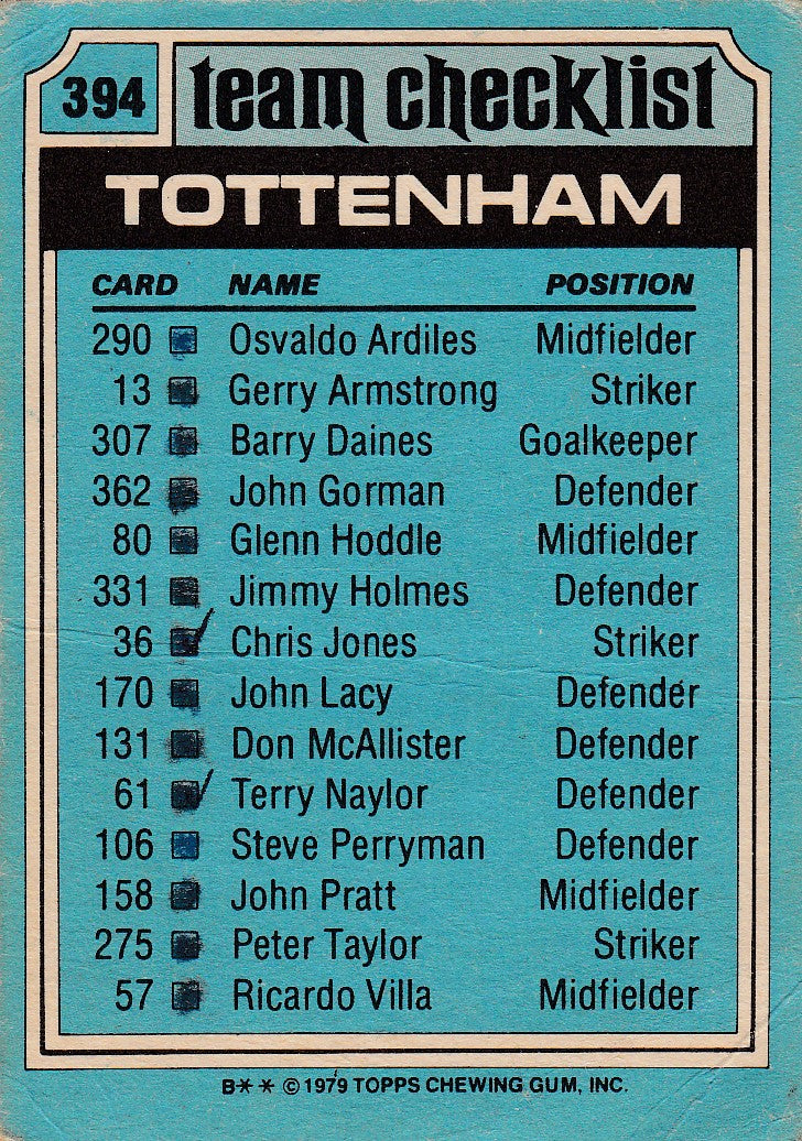 394. TOTTENHAM - CHECKLIST - KRYSSET
