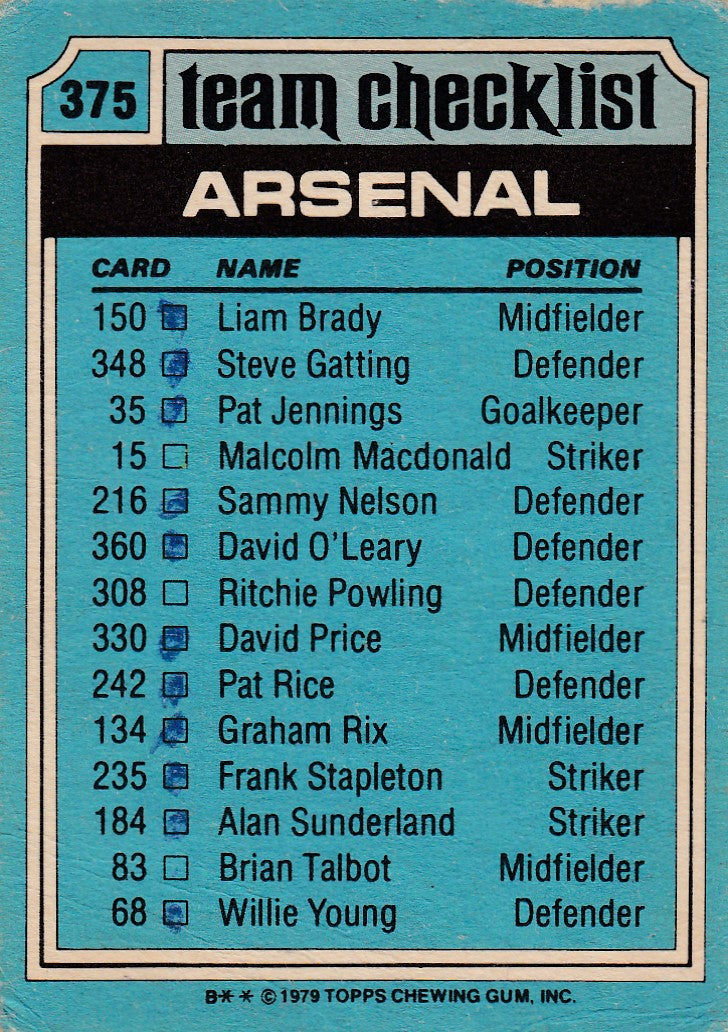 375. ARSENAL - CHECKLIST - KRYSSET