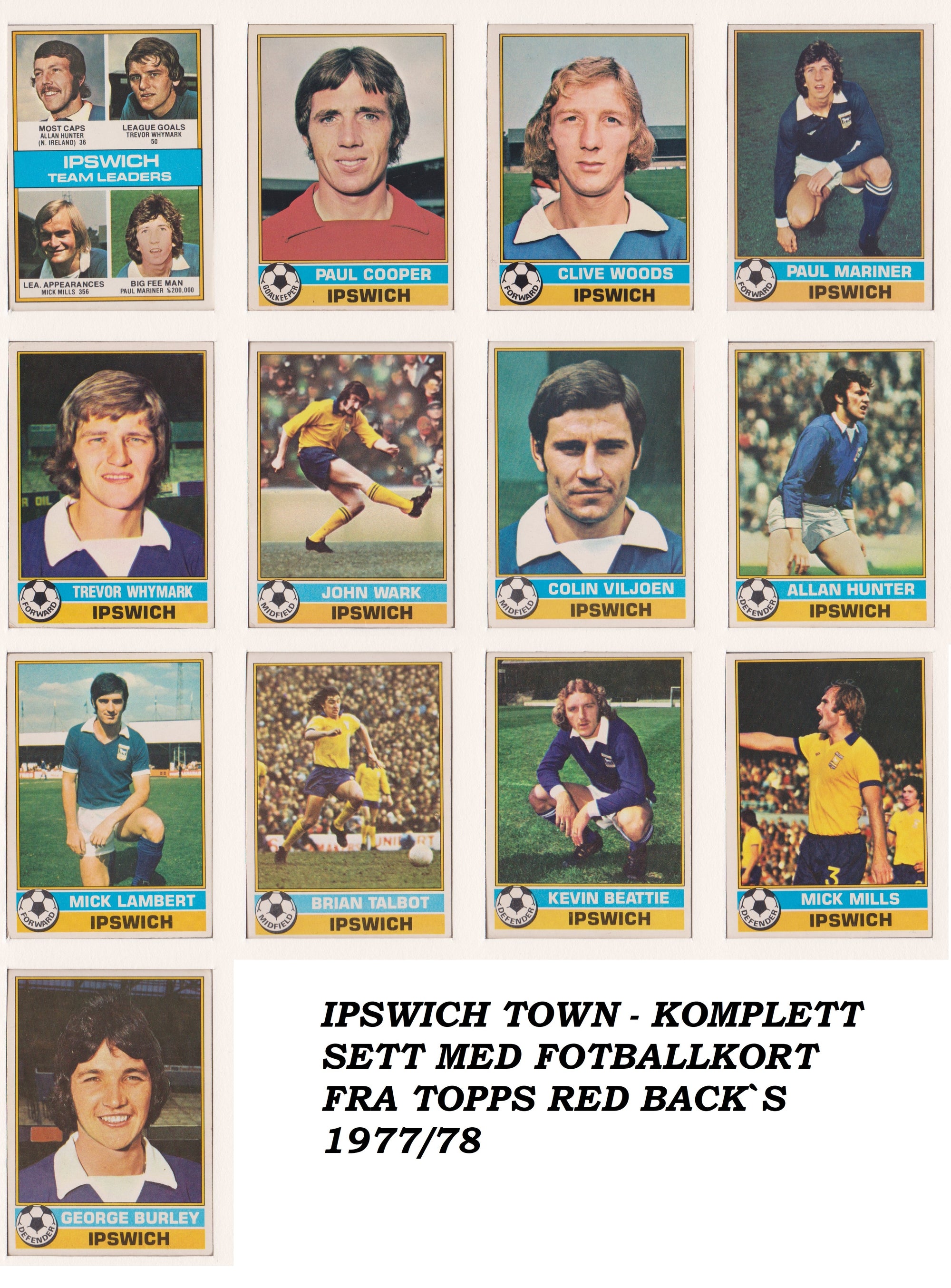 000. IPSWICH TOWN - KOMPLETT SETT MED FOTBALLKORT FRA TOPPS 1977/78