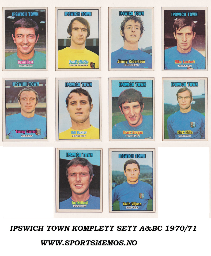 000. IPSWICH TOWN- KOMPLETT SETT MED FOTBALLKORT FRA A&BC 1970/71