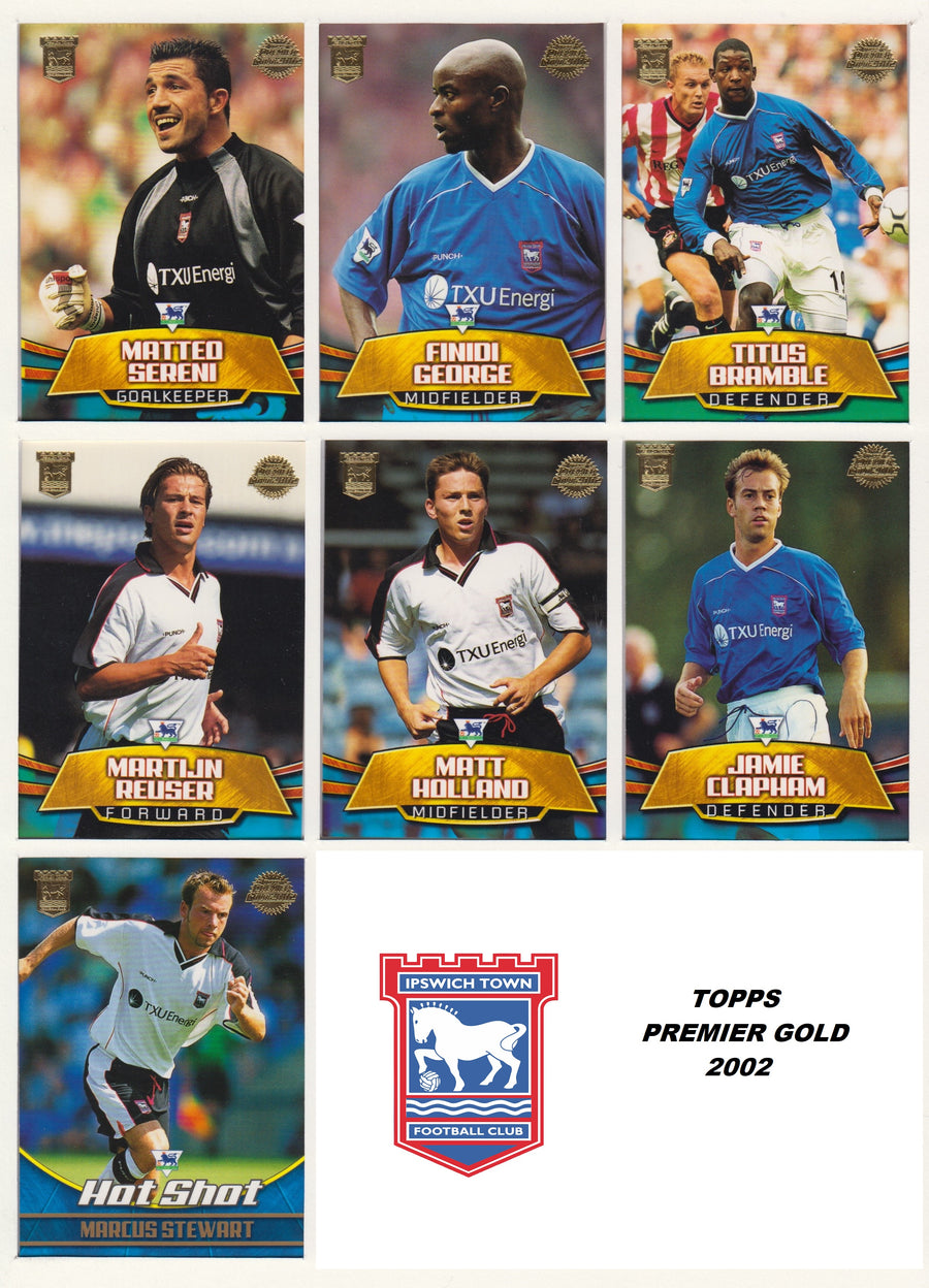 000. IPSWICH TOWN - KOMPLETT SETT MED FOTBALLKORT TOPPS PREMIER GOLD 2002