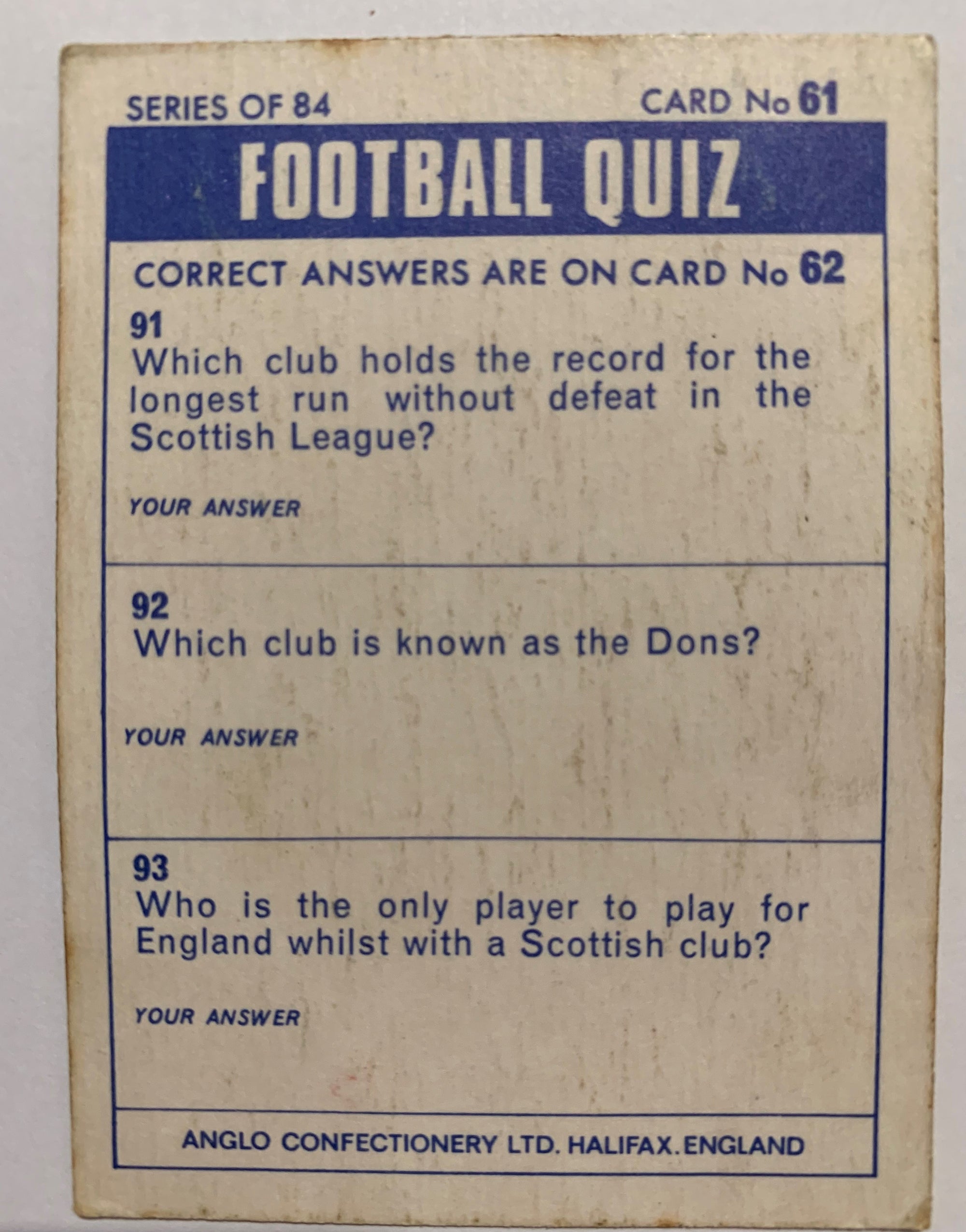 JACK CHARLTON - LEEDS UNITED  - ANGLO CONFECTIONERY 1969
