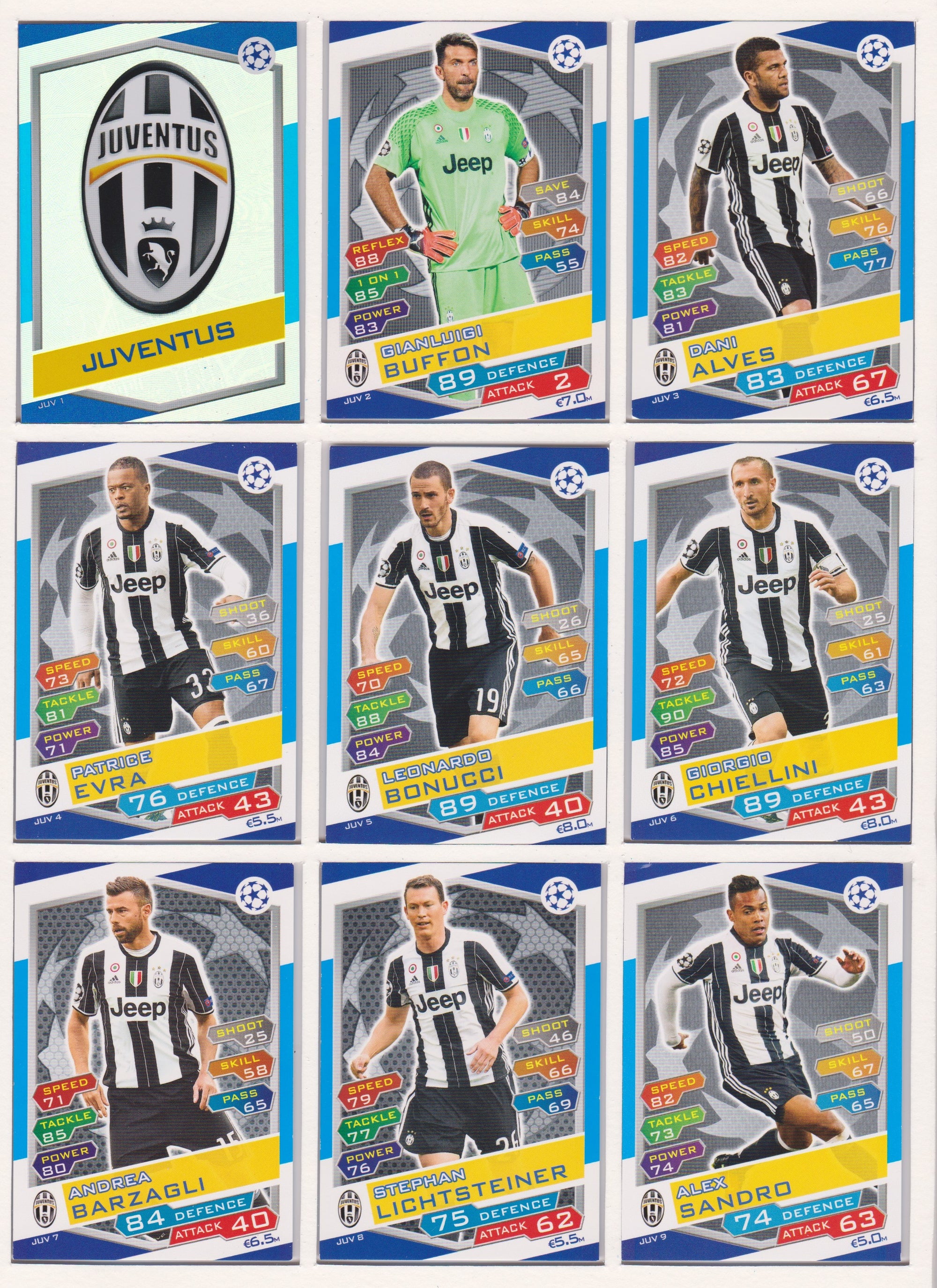 000. JUVENTUS - KOMPLETT SETT MED TOPPS MATCH ATTAX CHAMPIONS LEAGUE 2016/17