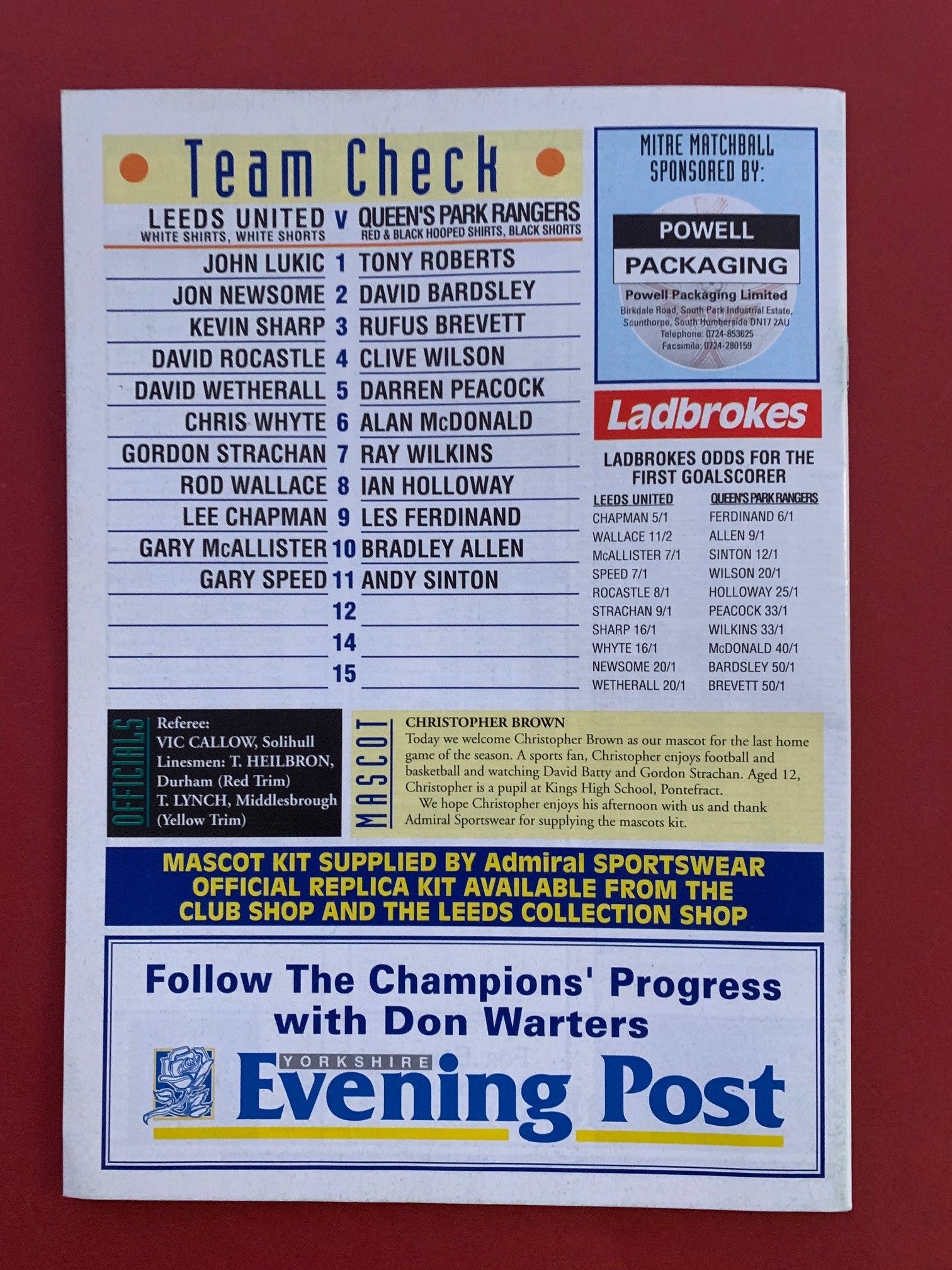 1993 - 1.5 L LEEDS UNITED VS QUEENS PARK RANGERS