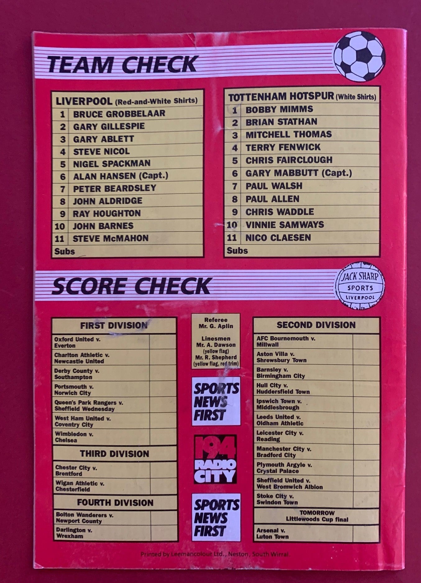 1988-23.4 - LIVERPOOL VS TOTTENHAM HOTSPUR