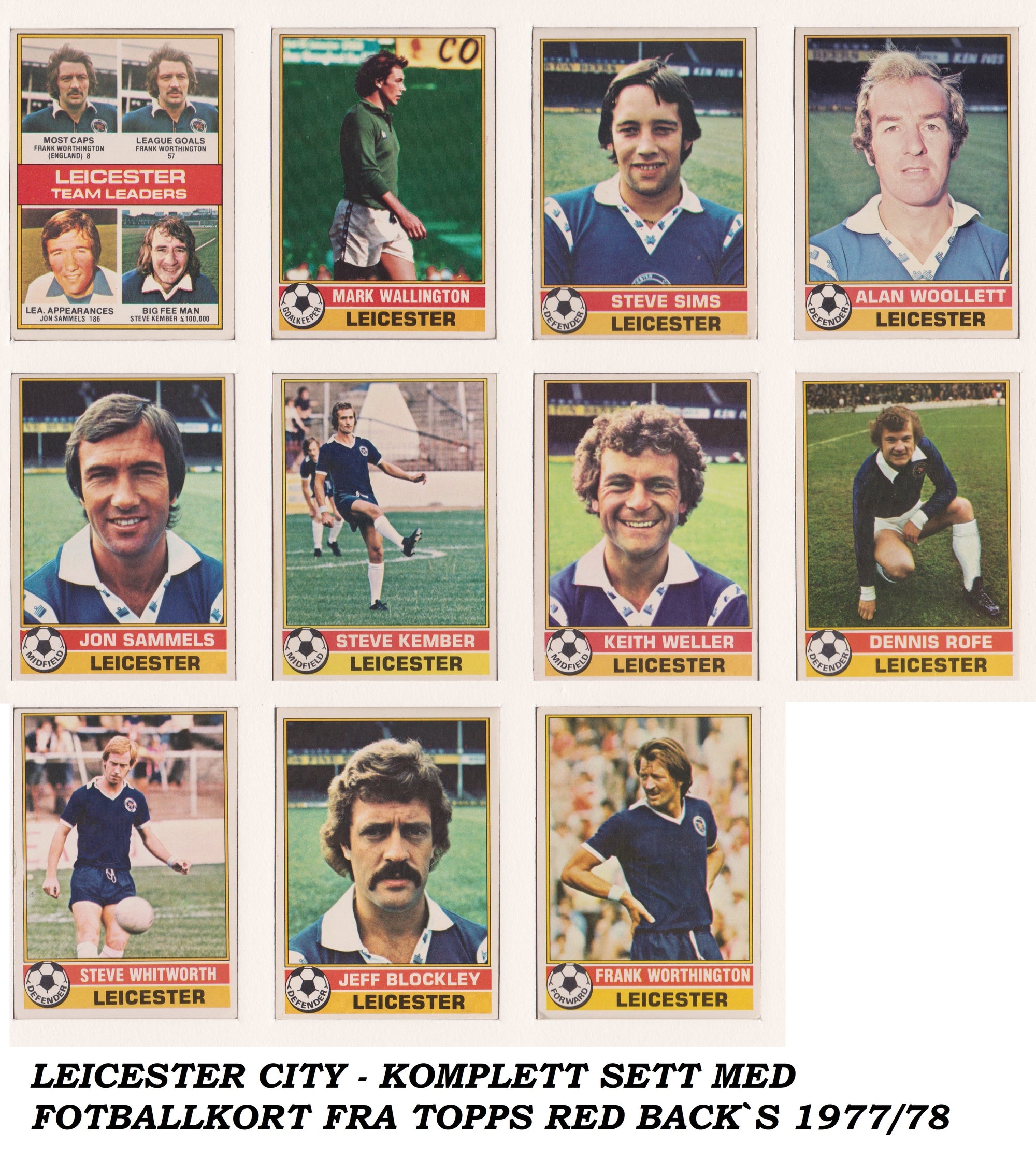 000. LEICESTER - KOMPLETT SETT MED FOTBALLKORT FRA TOPPS 1977/78