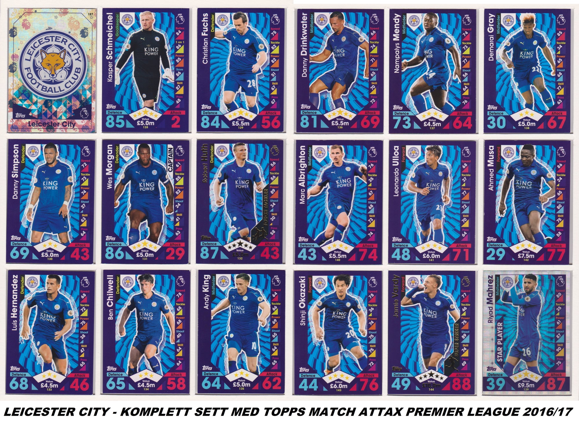 000. LEICESTER CITY - KOMPLETT SETT MED TOPPS MATCH ATTAX PREMIER LEAGUE 2016/17