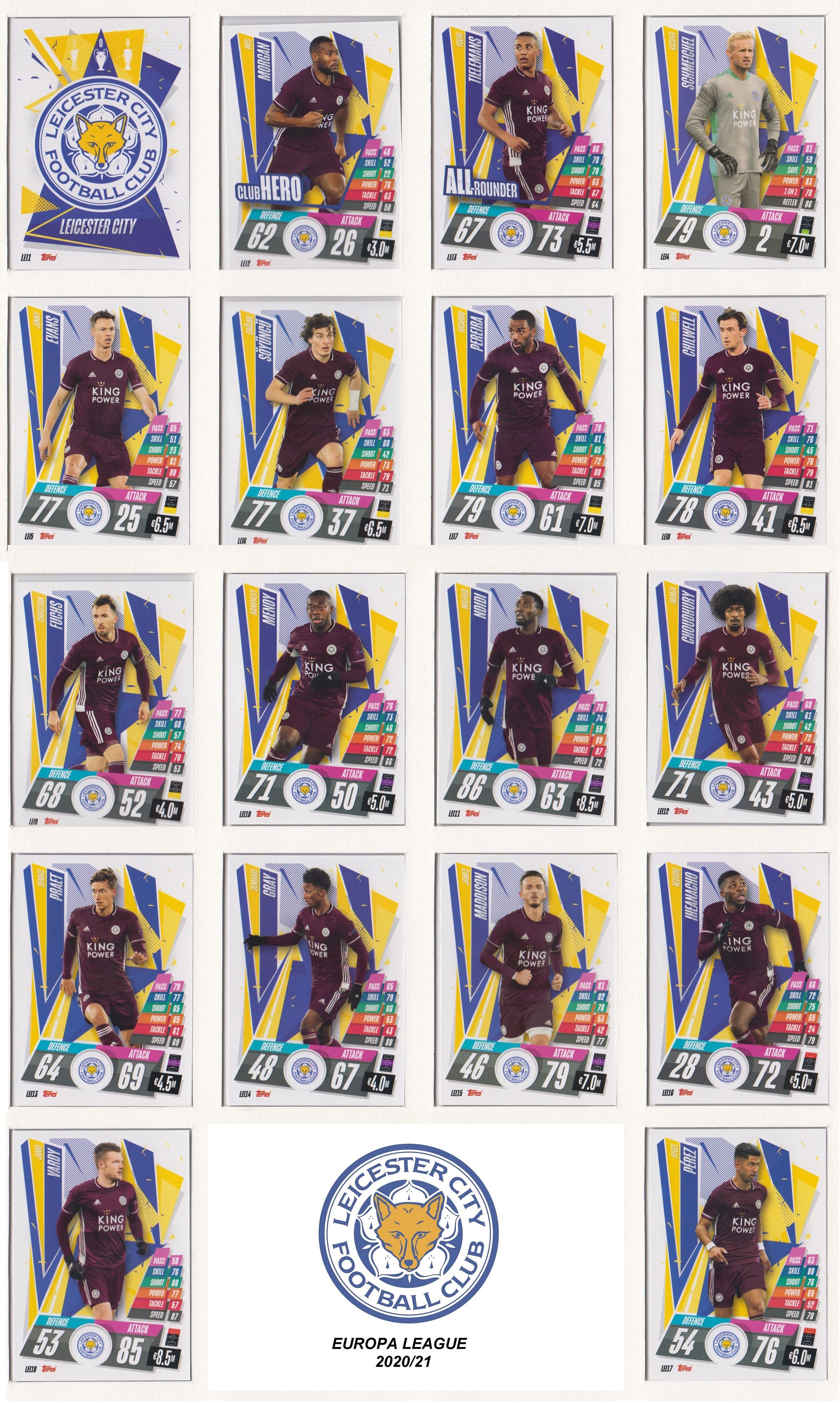 LEICESTER CITY KOMPLETT SETT MED TOPPS EUROPA LEAGUE 2020/21