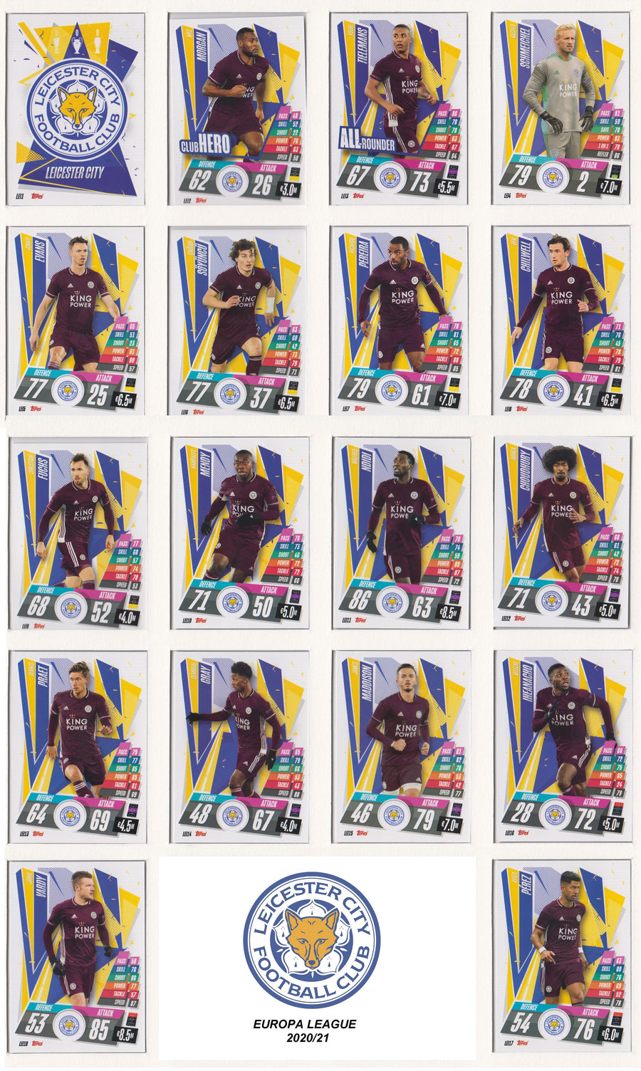 LEICESTER CITY KOMPLETT SETT MED TOPPS EUROPA LEAGUE 2020/21