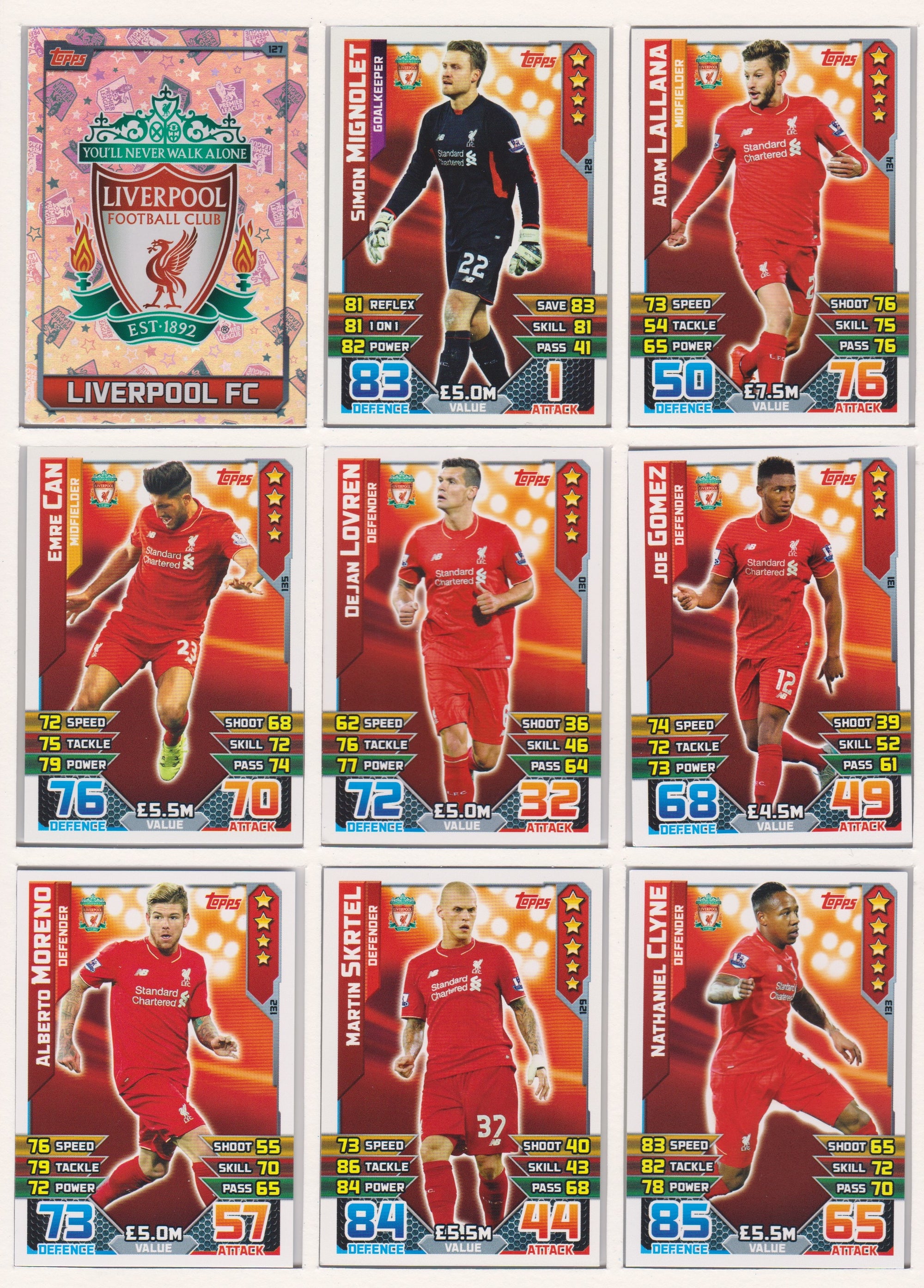 000. LIVERPOOL - KOMPLETT SETT MED TOPPS MATCH ATTAX PREMIER LEAGUE 2015/16