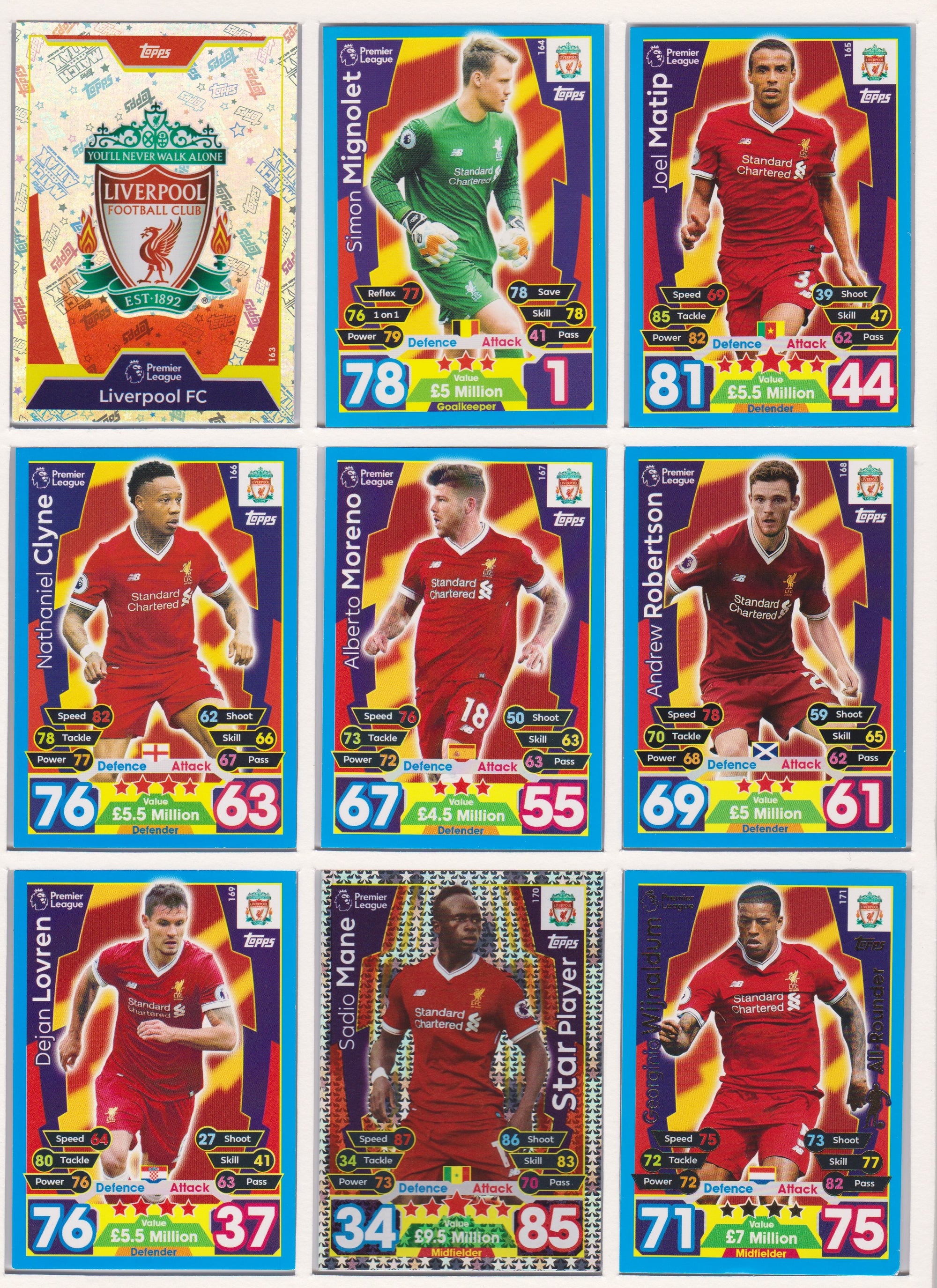 000. LIVERPOOL - KOMPLETT SETT MED TOPPS MATCH ATTAX PREMIER LEAGUE 2017/18