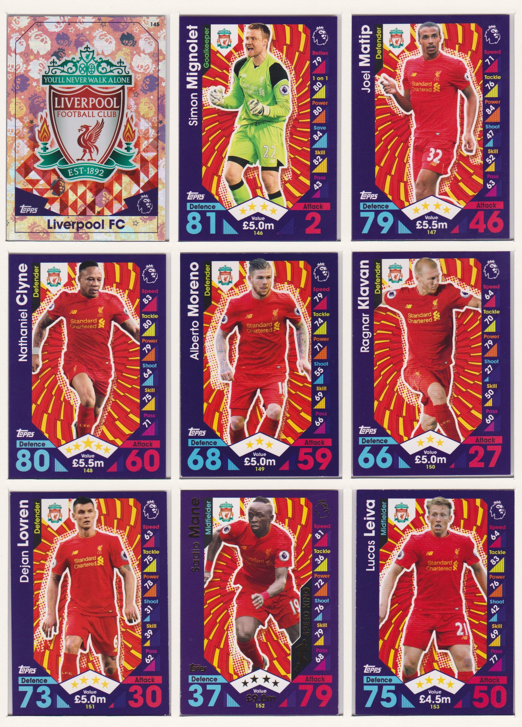 000. LIVERPOOL - KOMPLETT SETT MED TOPPS MATCH ATTAX PREMIER LEAGUE 2016/17