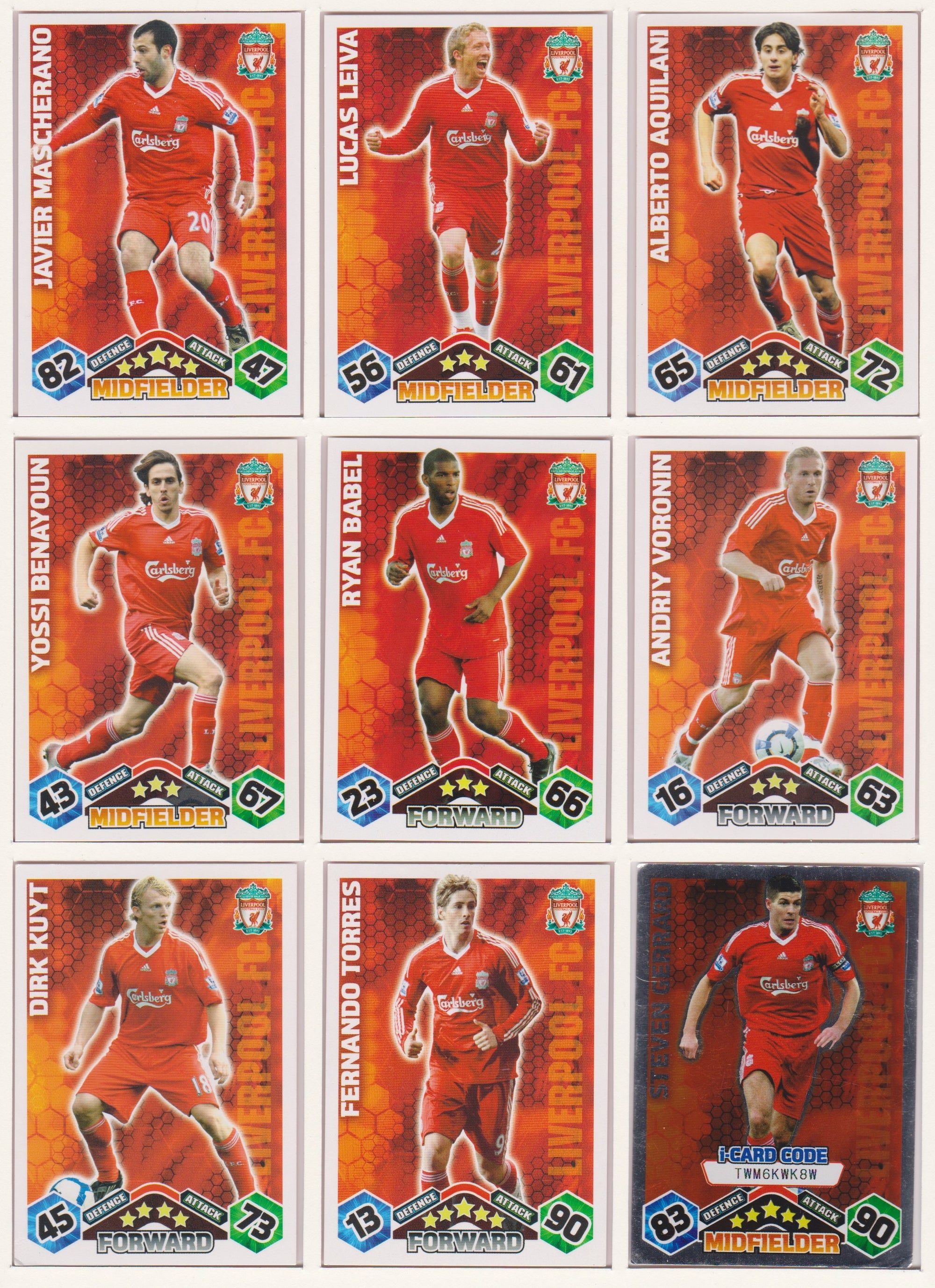 000. LIVERPOOL - KOMPLETT SETT MED TOPPS MATCH ATTAX PREMIER LEAGUE 2009/10