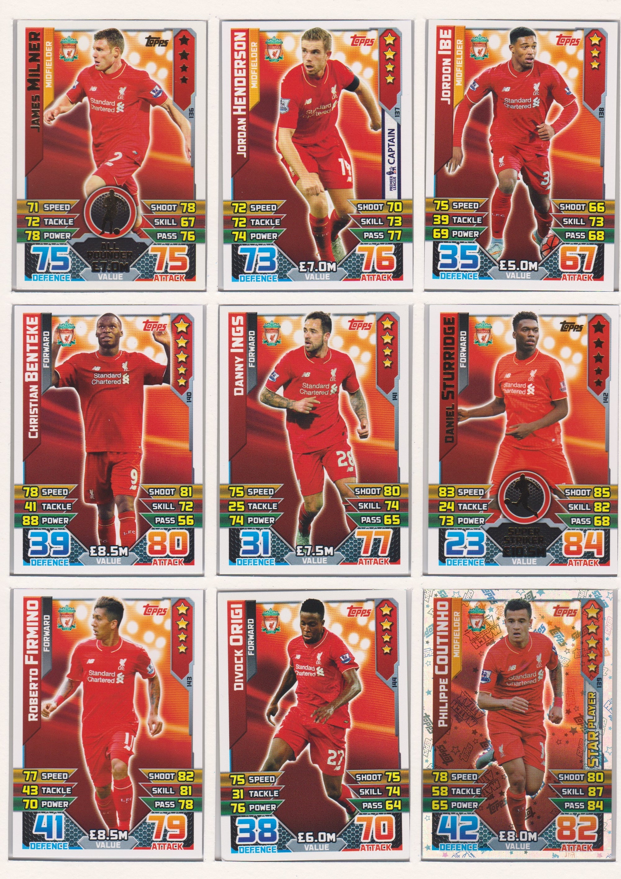 000. LIVERPOOL - KOMPLETT SETT MED TOPPS MATCH ATTAX PREMIER LEAGUE 2015/16