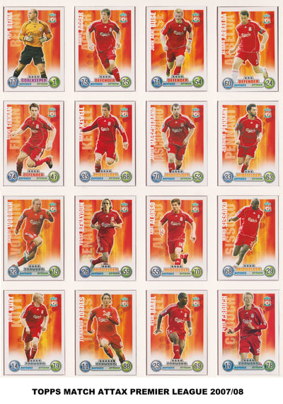 000. LIVERPOOL - KOMPLETT SETT MED FOTBALLKORT FRA MATCH ATTAX 2007/08