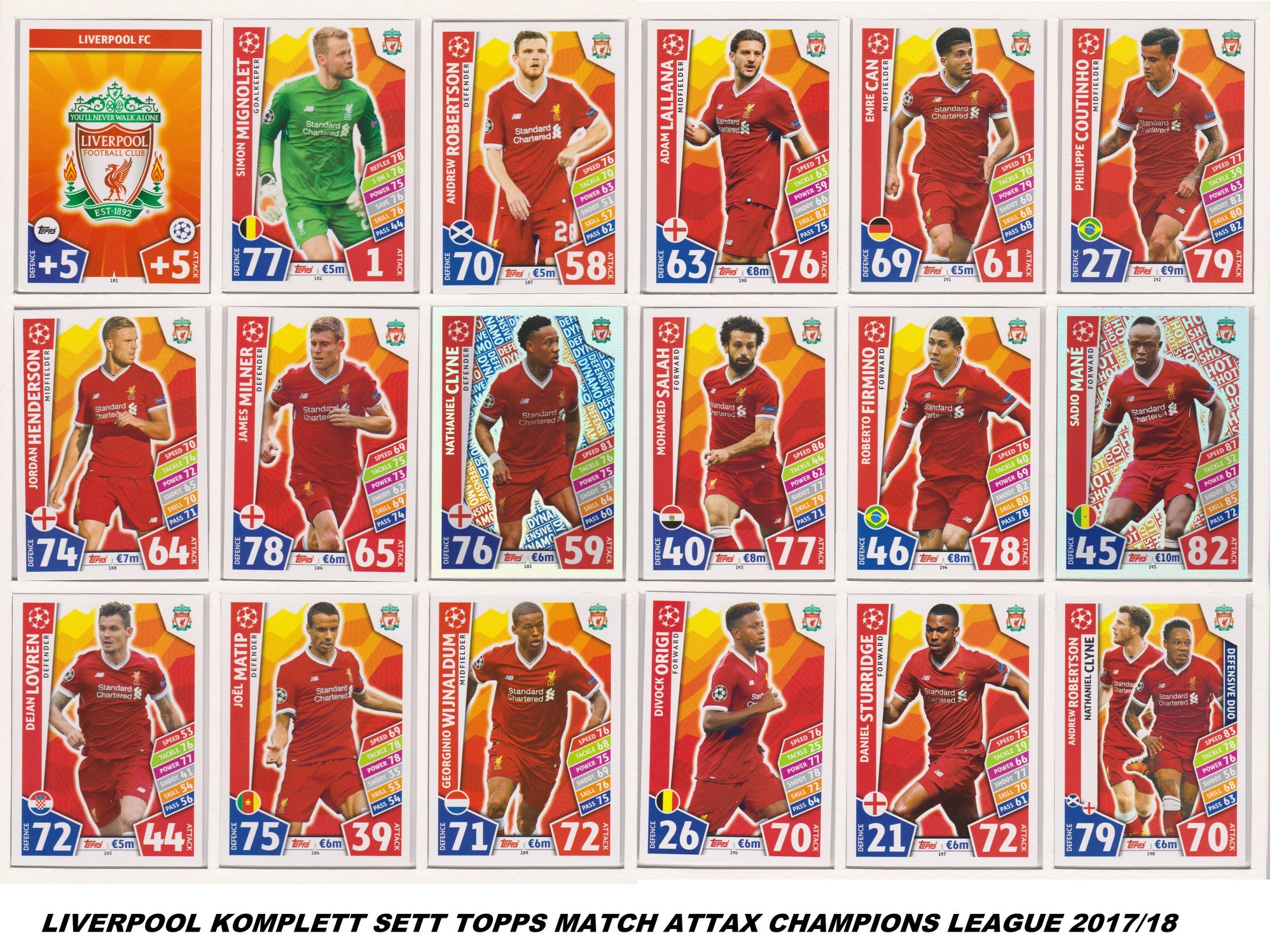 000. LIVERPOOL - KOMPLETT SETT MED TOPPS MATCH ATTAX CHAMPIONS LEAGUE 2017/18
