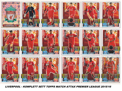 000. LIVERPOOL - KOMPLETT SETT MED TOPPS MATCH ATTAX PREMIER LEAGUE 2015/16