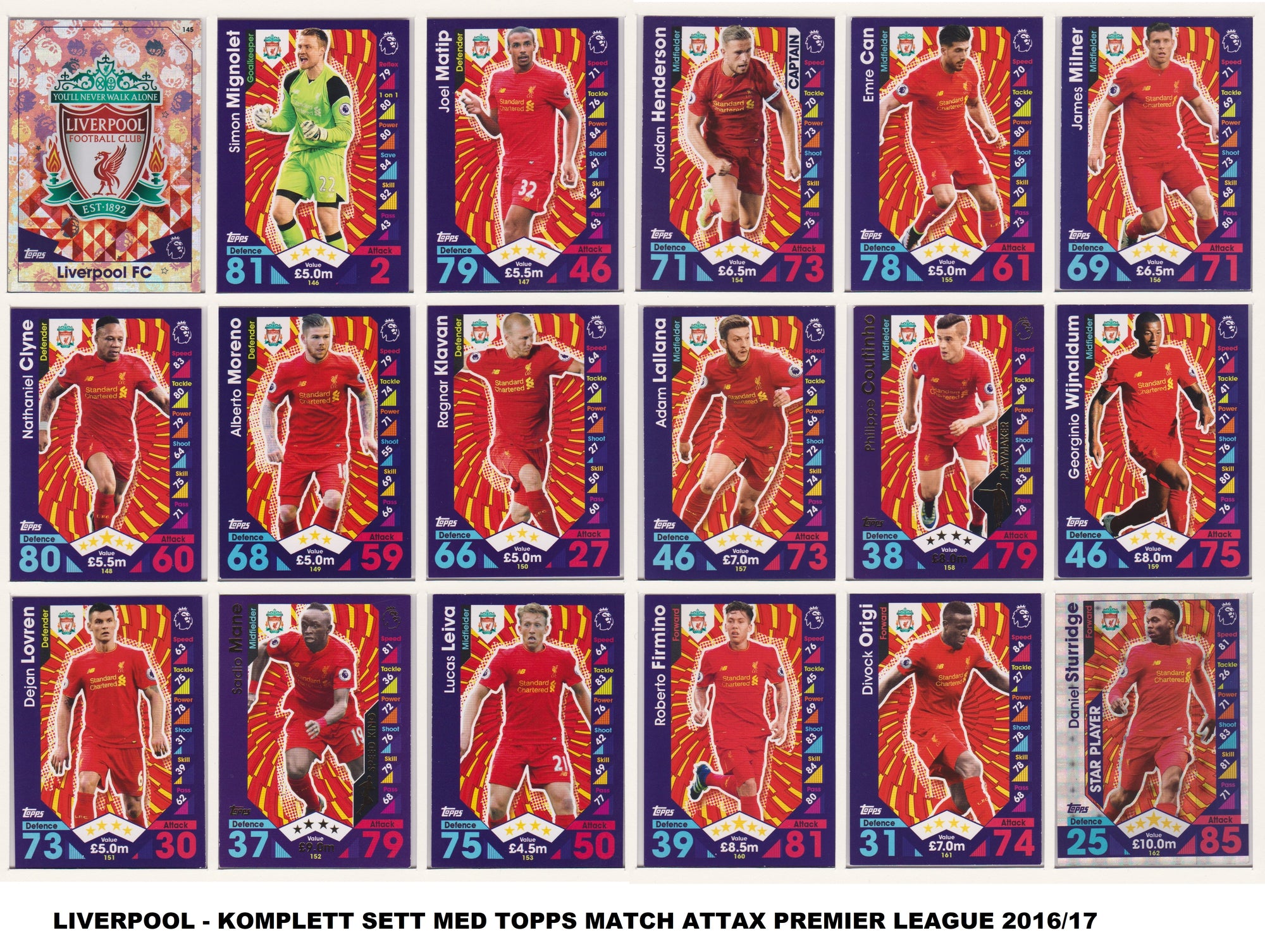 000. LIVERPOOL - KOMPLETT SETT MED TOPPS MATCH ATTAX PREMIER LEAGUE 2016/17