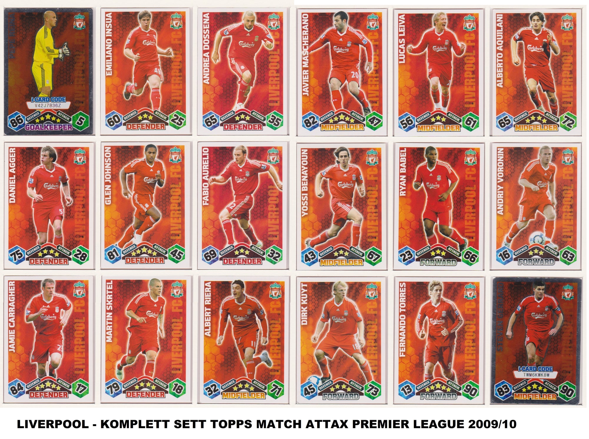 000. LIVERPOOL - KOMPLETT SETT MED TOPPS MATCH ATTAX PREMIER LEAGUE 2009/10