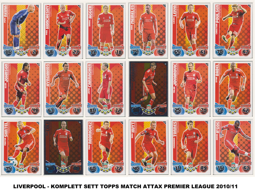 000. LIVERPOOL - KOMPLETT SETT MED TOPPS MATCH ATTAX PREMIER LEAGUE 2010/11