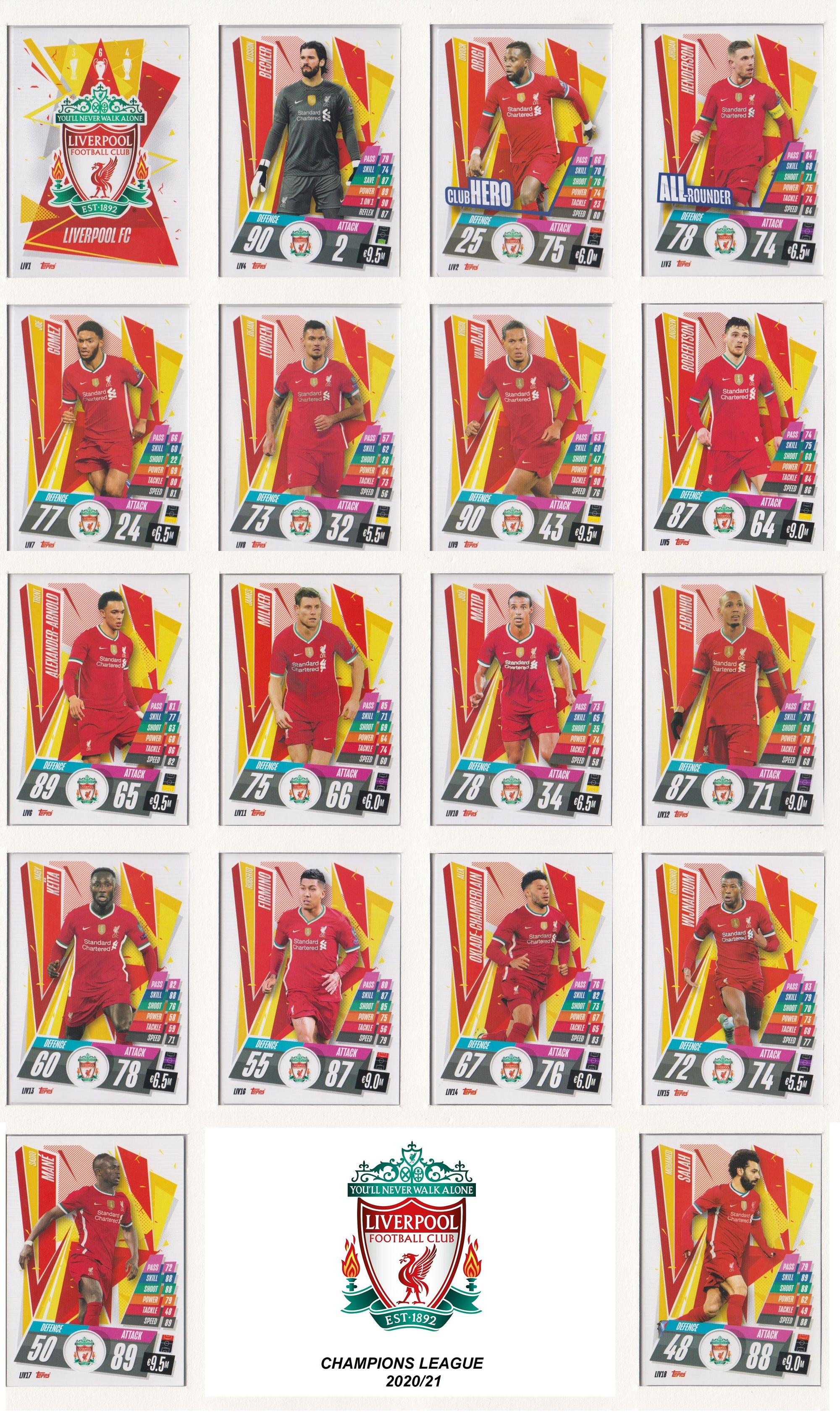 LIVERPOOL KOMPLETT SETT MED TOPPS CHAMPIONS LEAGUE 2020/21