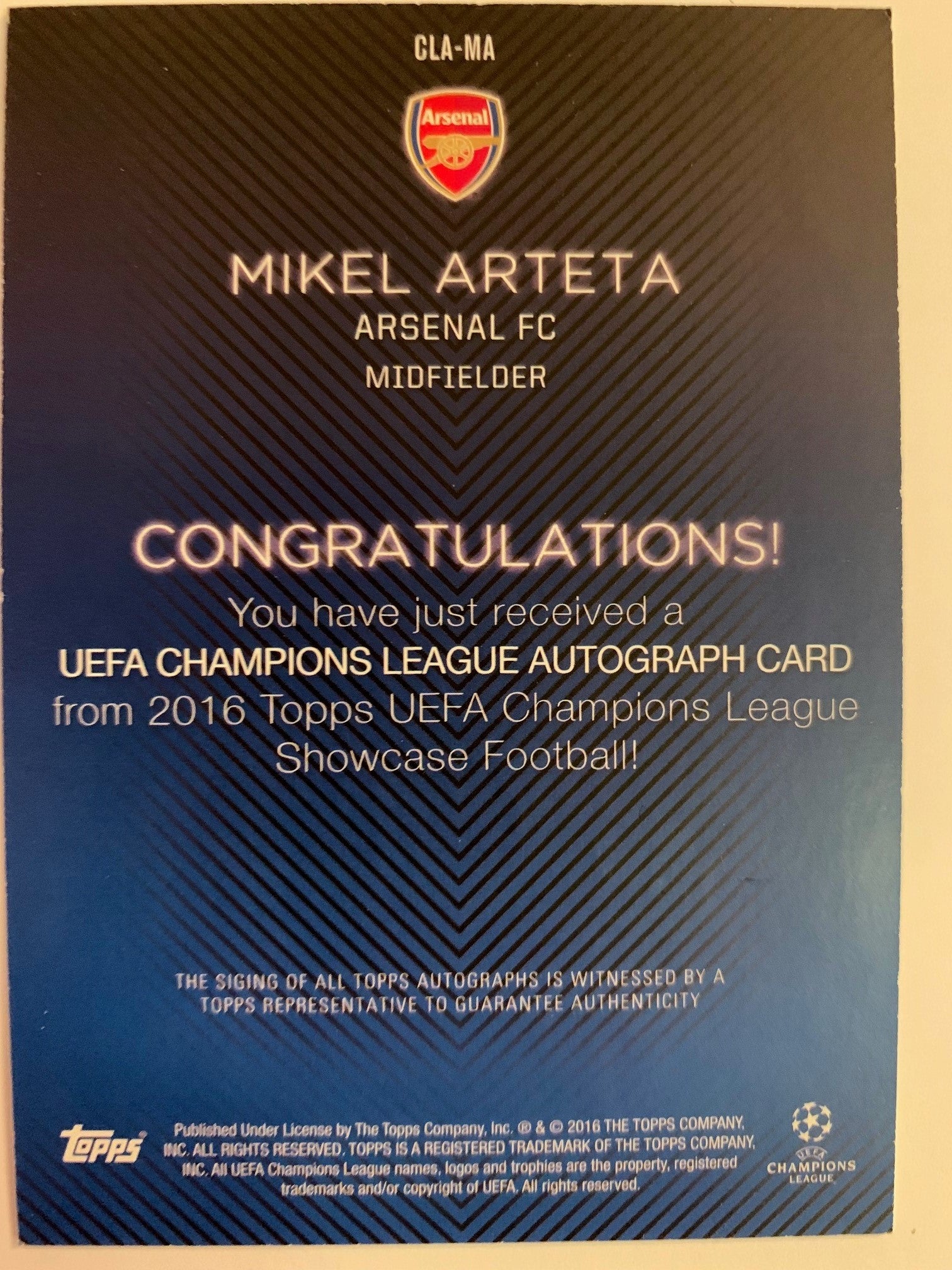 MIKEL ARTETA - ARSENAL - TOPPS 2016 UEFA CHAMPIONS LEAGUE SHOWCASE