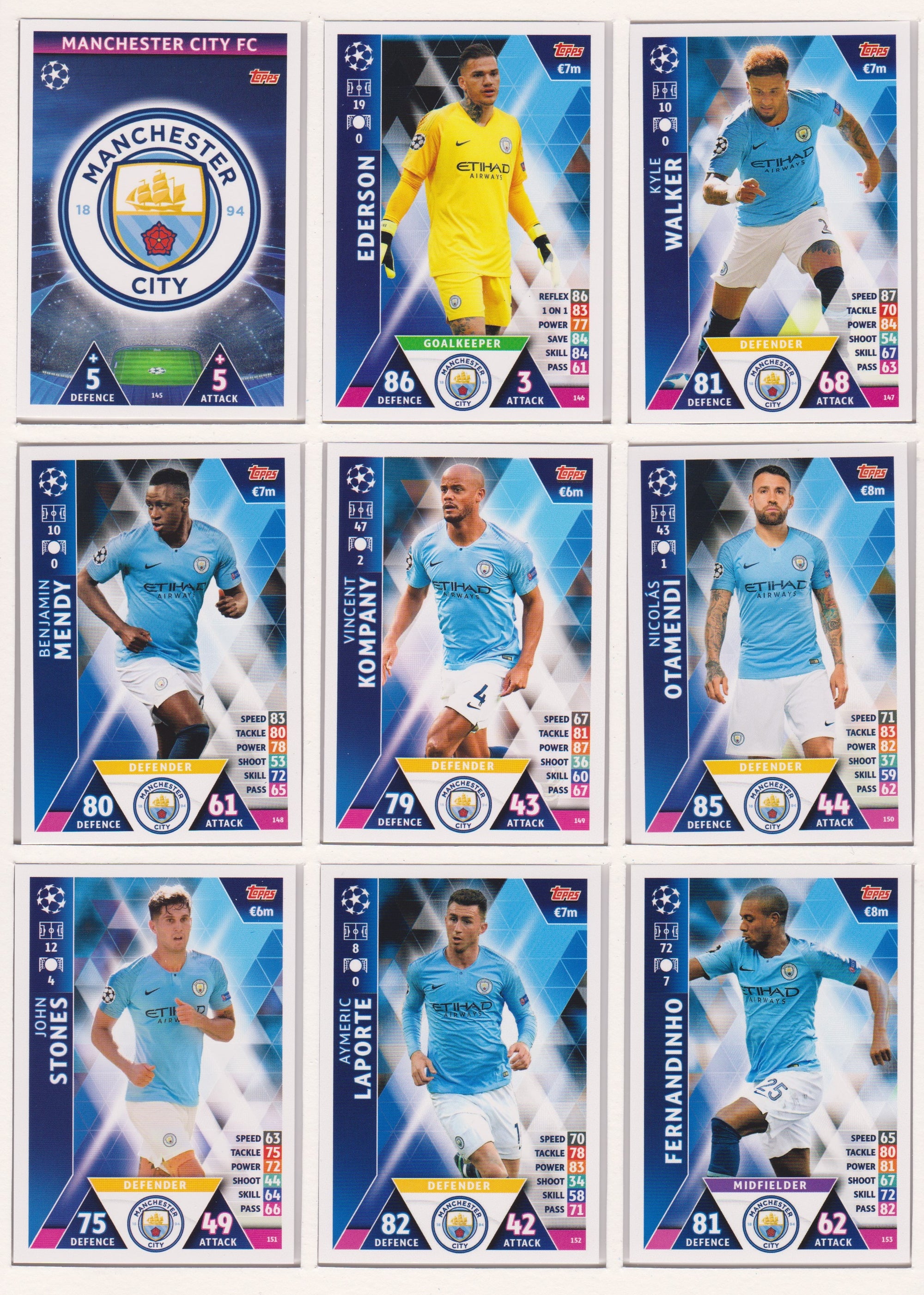 000. MANCHESTER CITY - KOMPLETT SETT MED TOPPS MATCH ATTAX CHAMPIONS LEAGUE 2018/19