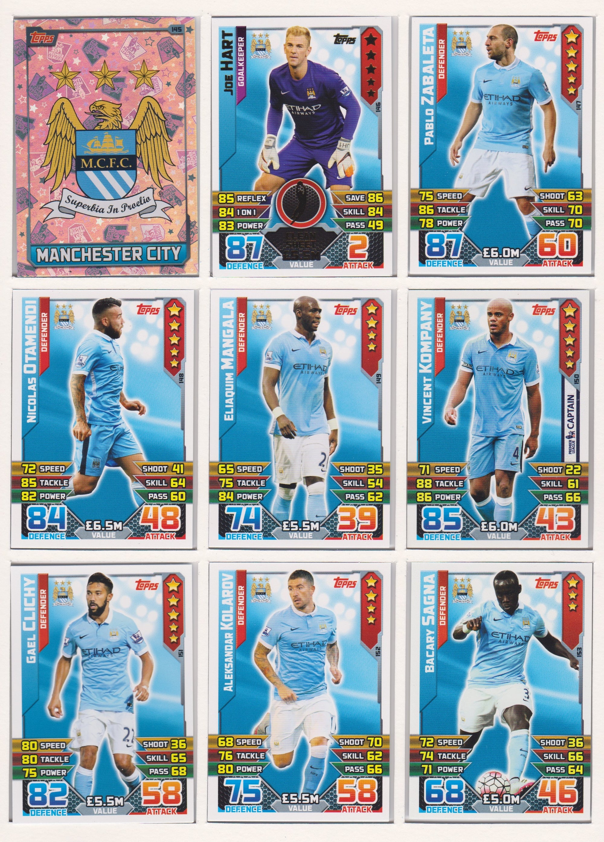 000. MANCHESTER CITY - KOMPLETT SETT MED TOPPS MATCH ATTAX PREMIER LEAGUE 2015/16