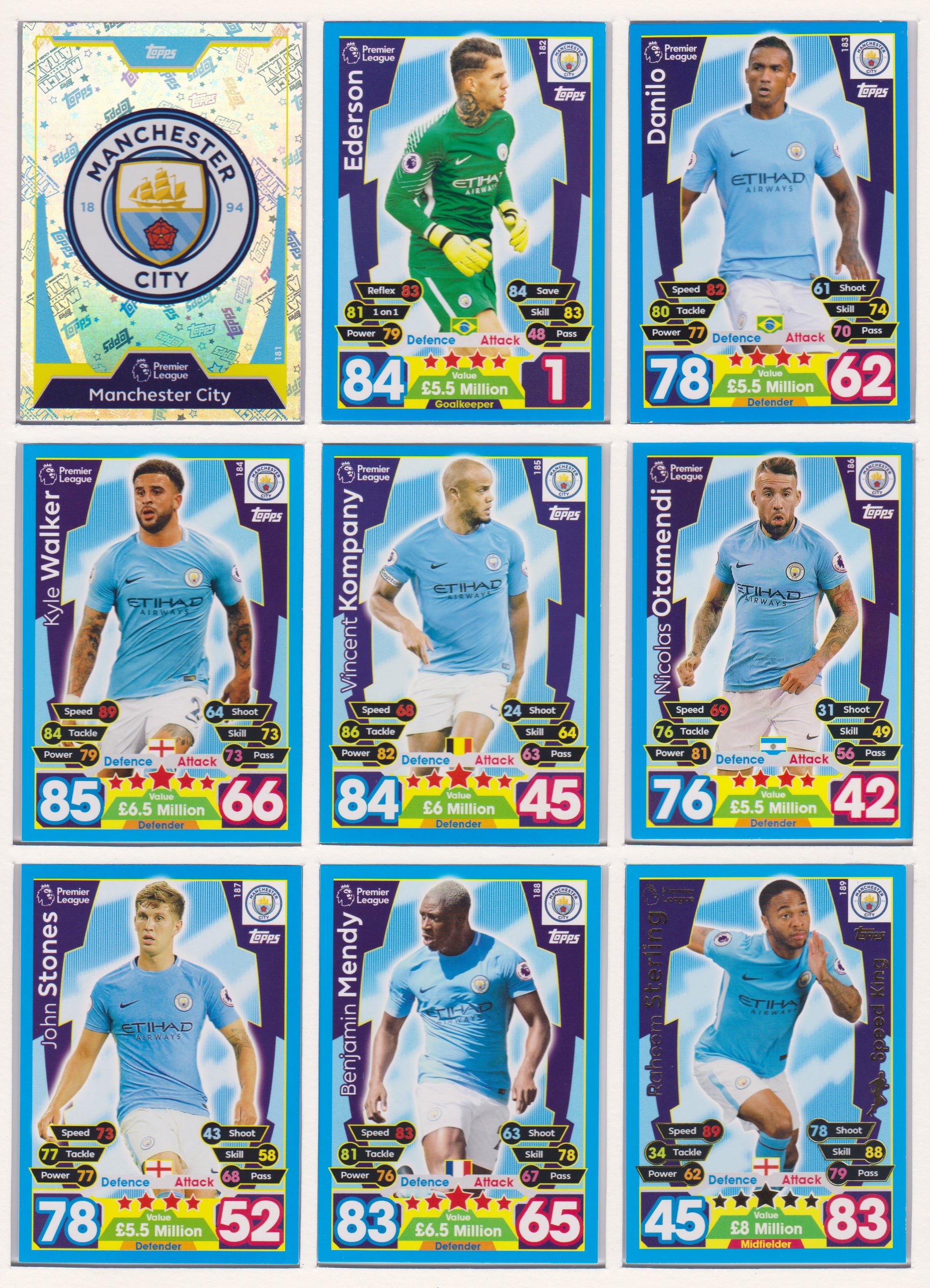 000. MANCHESTER CITY - KOMPLETT SETT MED TOPPS MATCH ATTAX PREMIER LEAGUE 2017/18