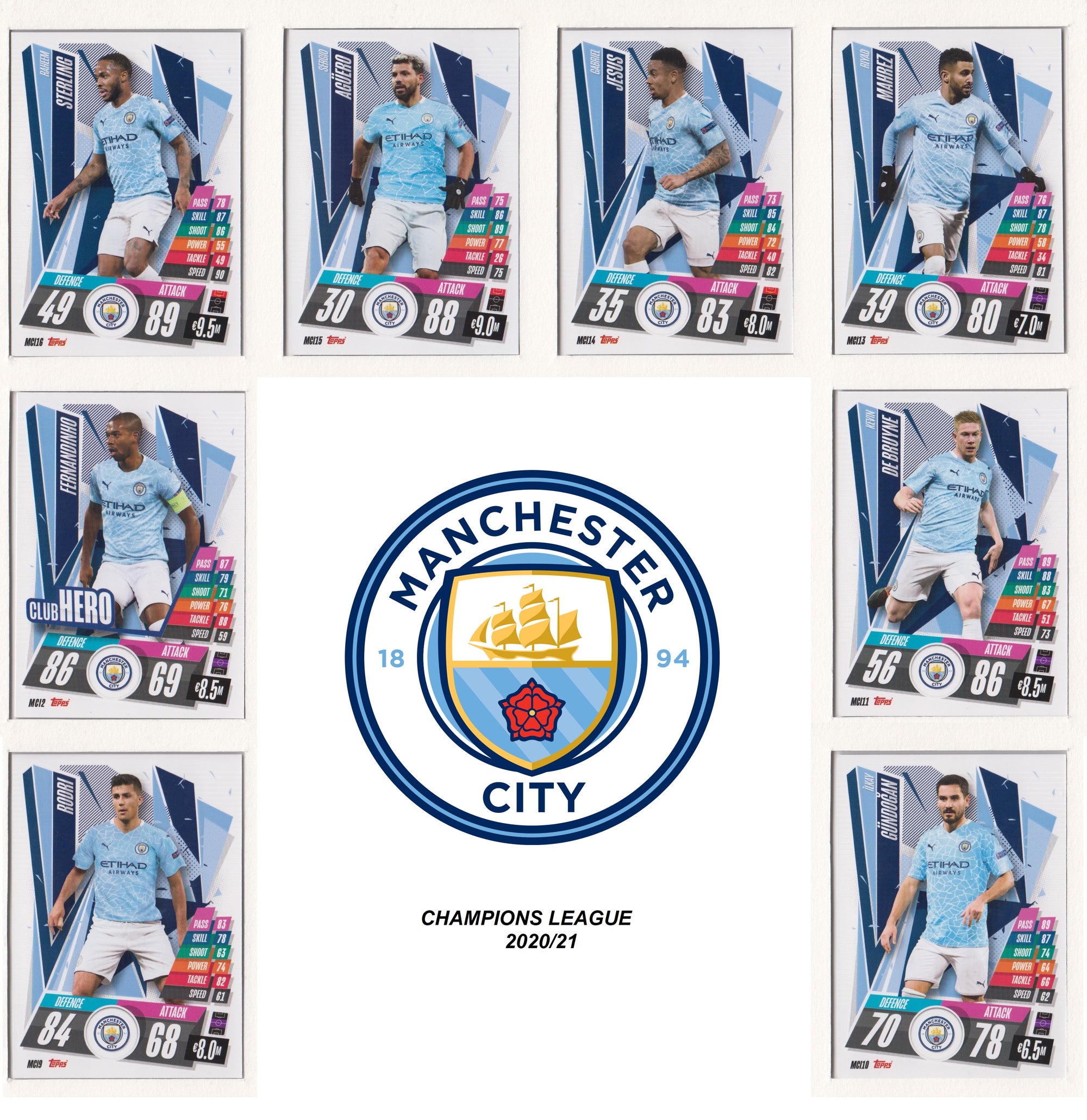 MANCHESTER CITY KOMPLETT SETT MED TOPPS CHAMPIONS LEAGUE 2020/21