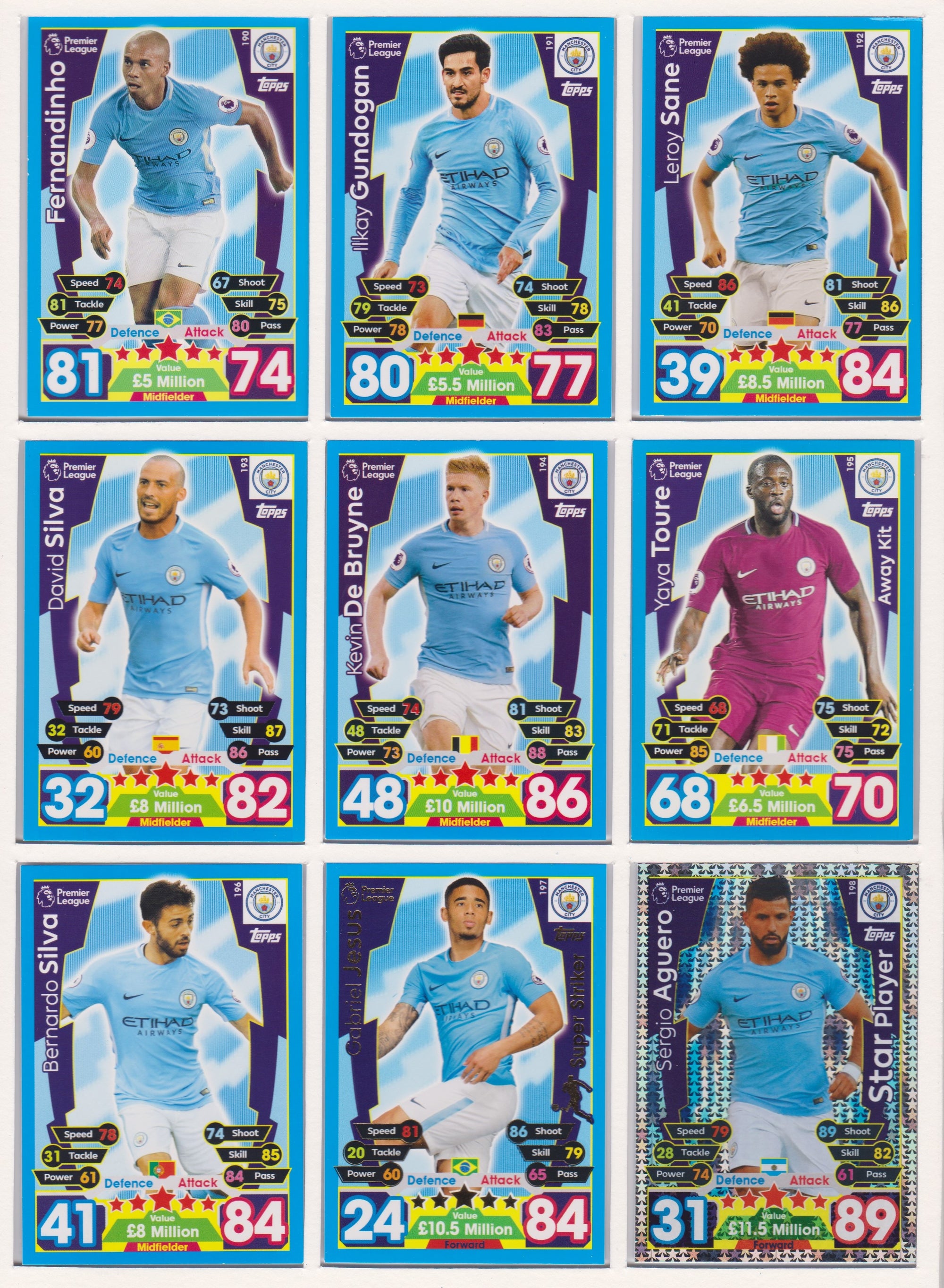000. MANCHESTER CITY - KOMPLETT SETT MED TOPPS MATCH ATTAX PREMIER LEAGUE 2017/18