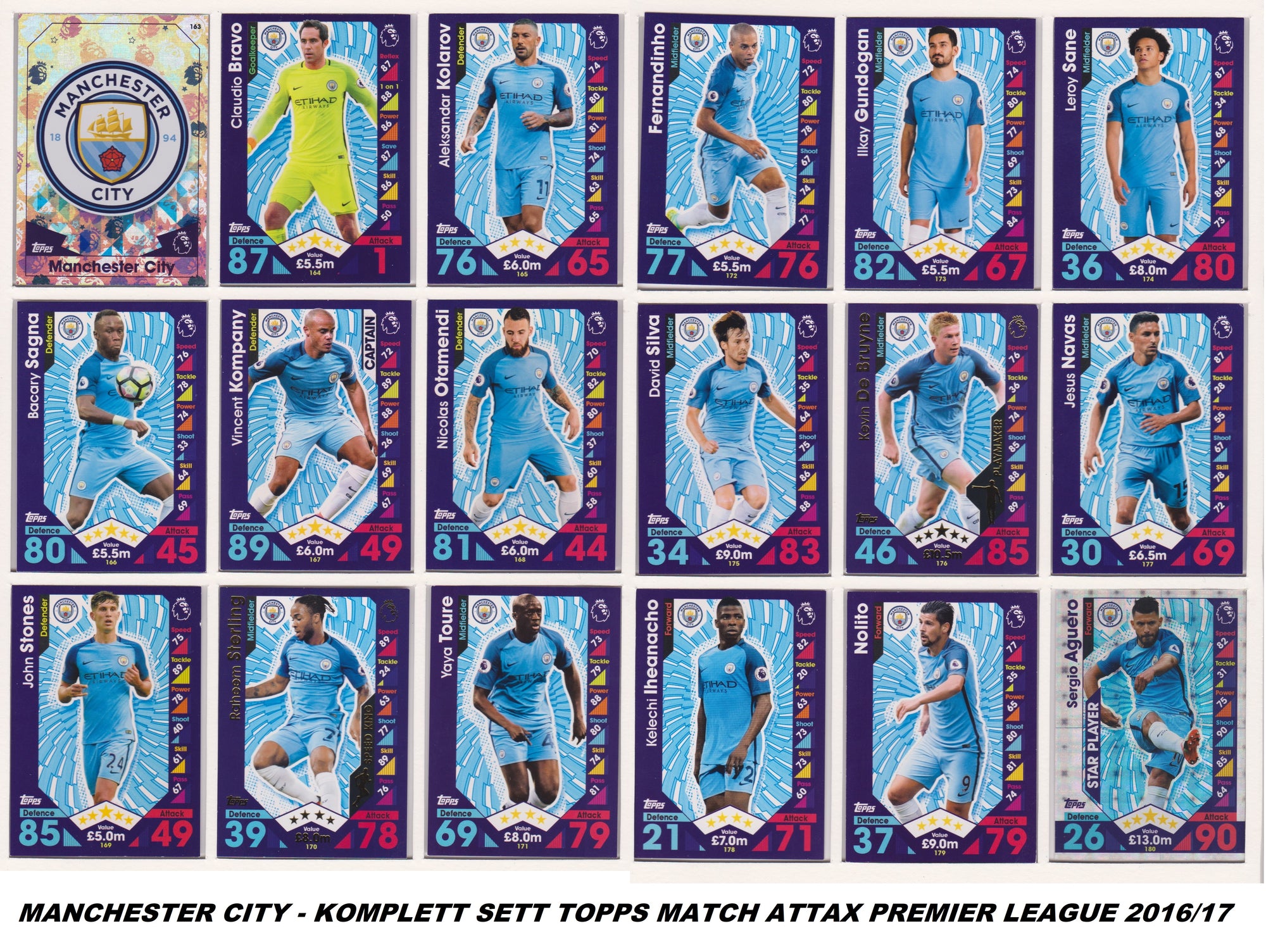 000. MANCHESTER CITY - KOMPLETT SETT MED TOPPS MATCH ATTAX PREMIER LEAGUE 2016/17