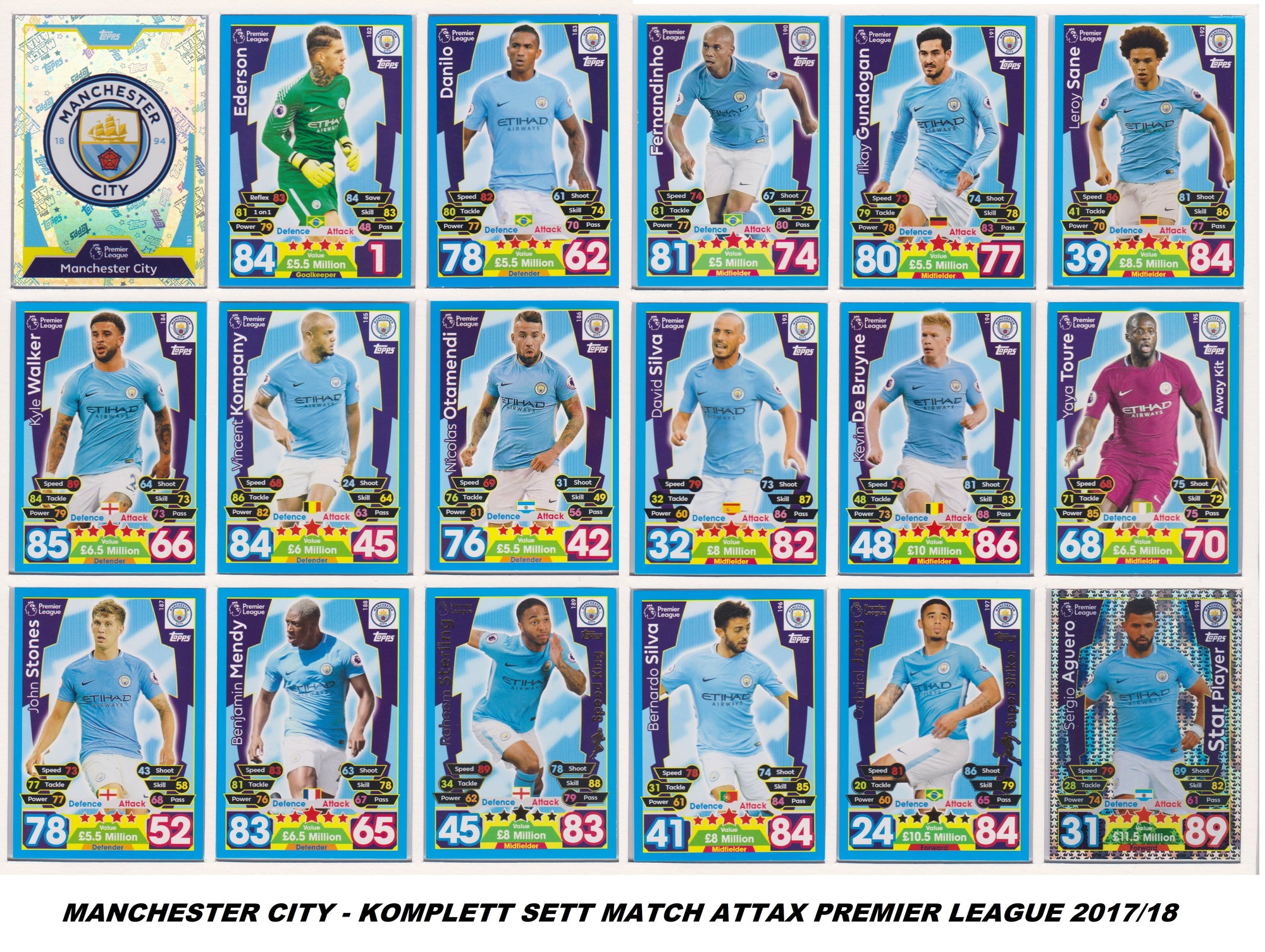 000. MANCHESTER CITY - KOMPLETT SETT MED TOPPS MATCH ATTAX PREMIER LEAGUE 2017/18