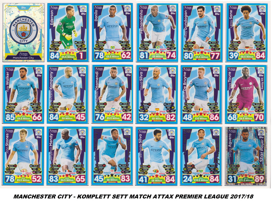 000. MANCHESTER CITY - KOMPLETT SETT MED TOPPS MATCH ATTAX PREMIER LEAGUE 2017/18