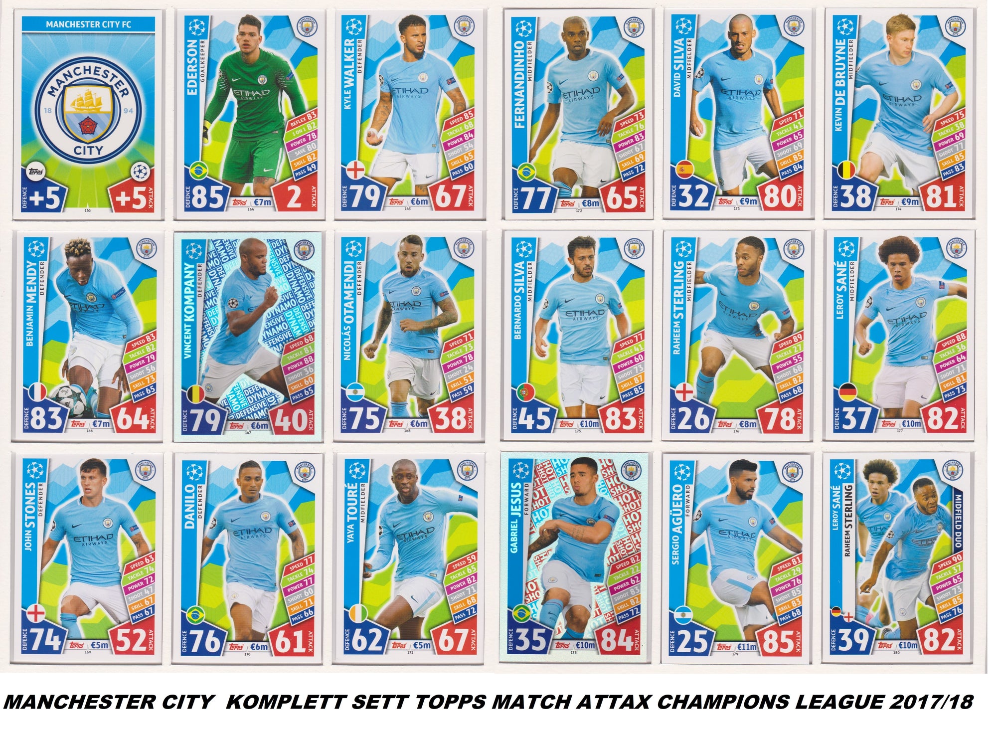 000. MANCHESTER CITY  - KOMPLETT SETT MED TOPPS MATCH ATTAX CHAMPIONS LEAGUE 2017/18