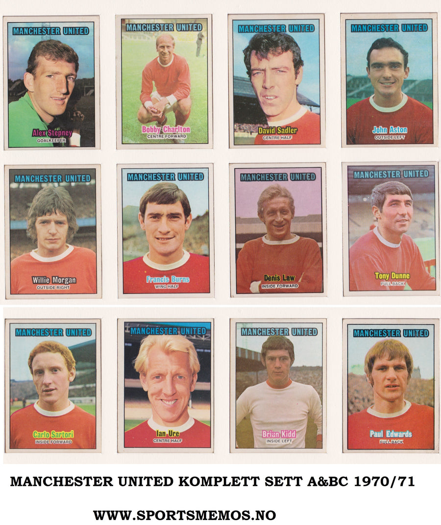 000. MANCHESTER UNITED - KOMPLETT SETT MED FOTBALLKORT FRA A&BC 1970/71
