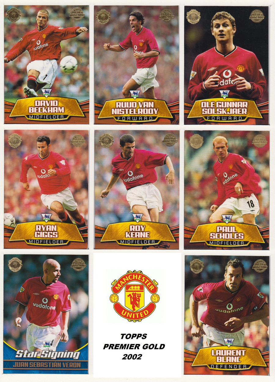 000. MANCHESTER UNITED - KOMPLETT SETT MED FOTBALLKORT TOPPS PREMIER GOLD 2002