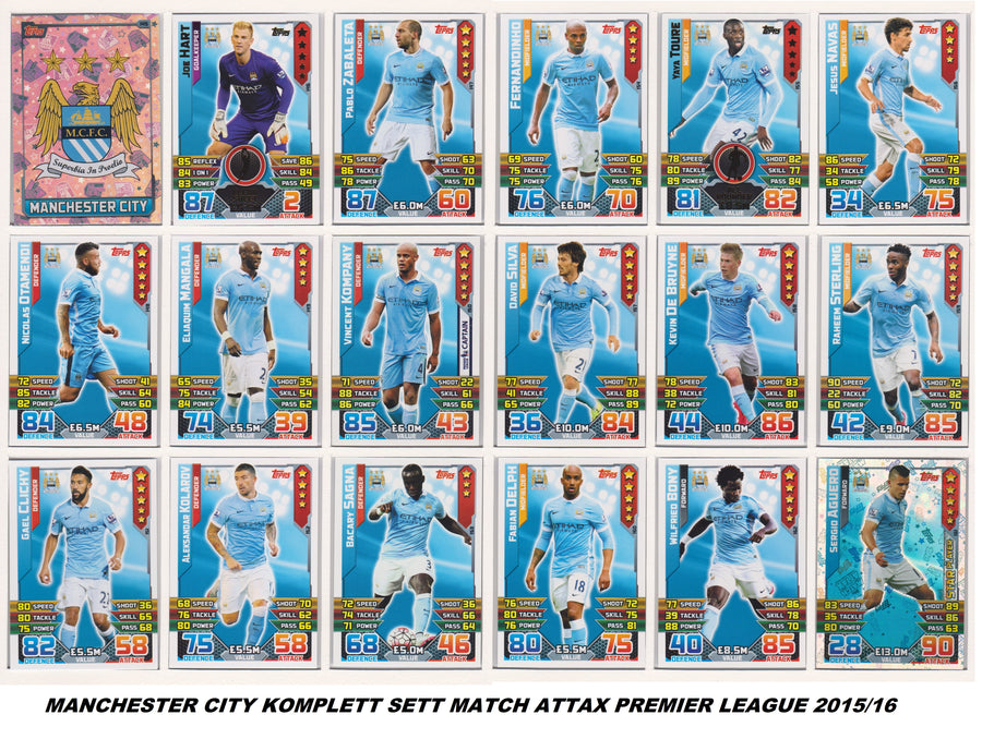 000. MANCHESTER CITY - KOMPLETT SETT MED TOPPS MATCH ATTAX PREMIER LEAGUE 2015/16