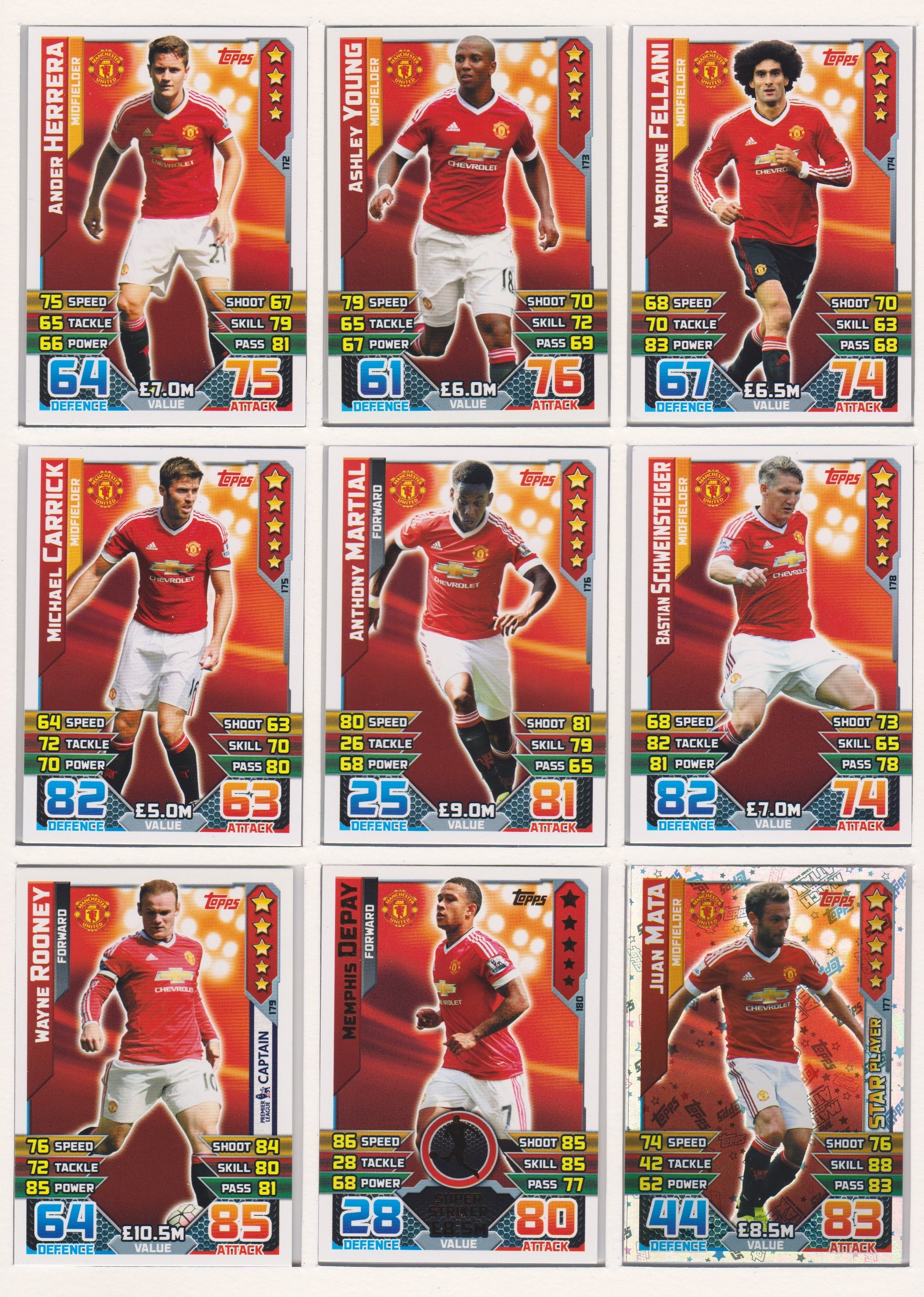 000. MANCHESTER UNITED - KOMPLETT SETT MED TOPPS MATCH ATTAX PREMIER LEAGUE 2015/16