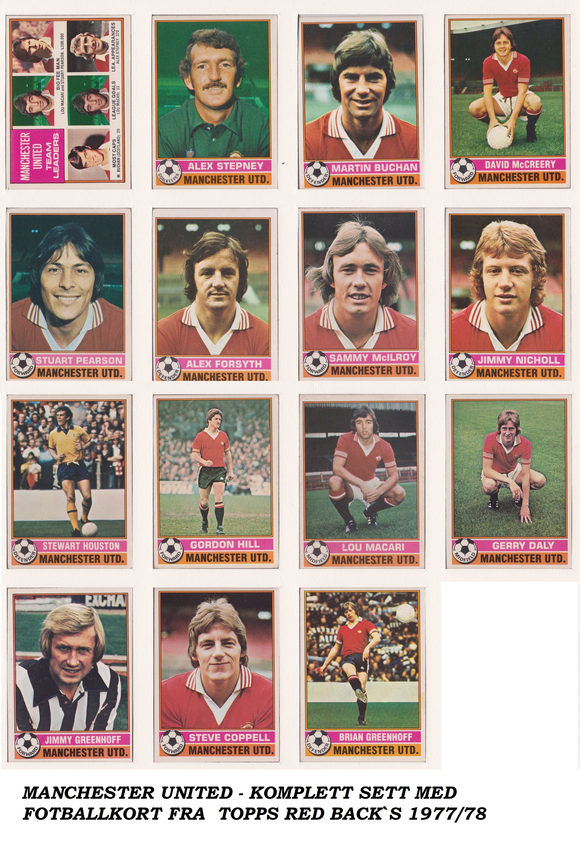 000. MANCHESTER UNITED - KOMPLETT SETT MED FOTBALLKORT FRA 1977