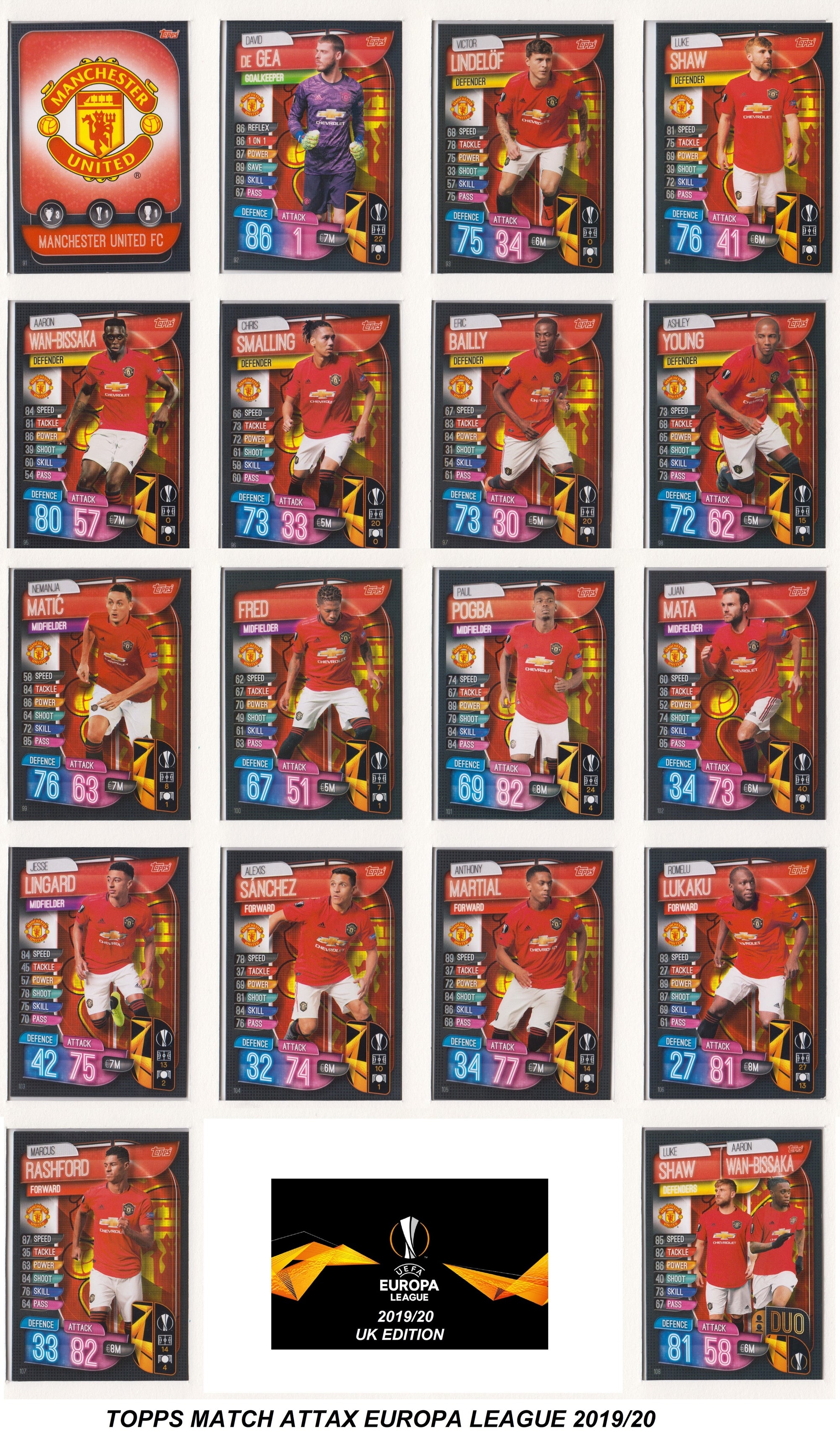 MANCHESTER UNITED - KOMPLETT SETT MED TOPPS MATCH ATTAX EUROPA LEAGUE 2019/20 - UK EDITION