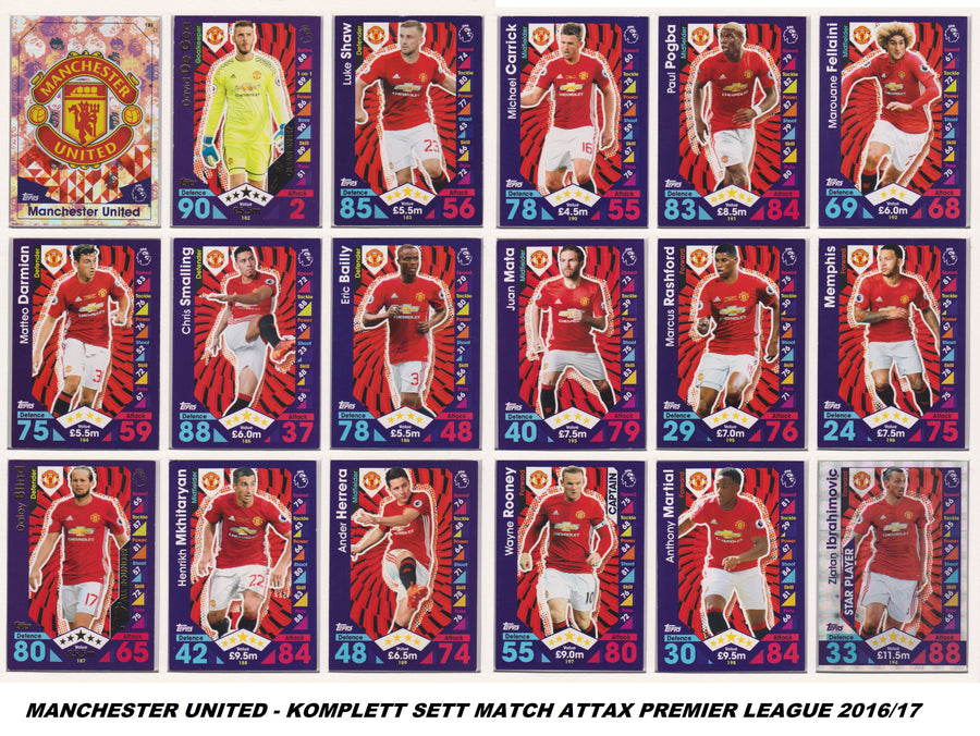 000. MANCHESTER UNITED - KOMPLETT SETT MED TOPPS MATCH ATTAX PREMIER LEAGUE 2016/17